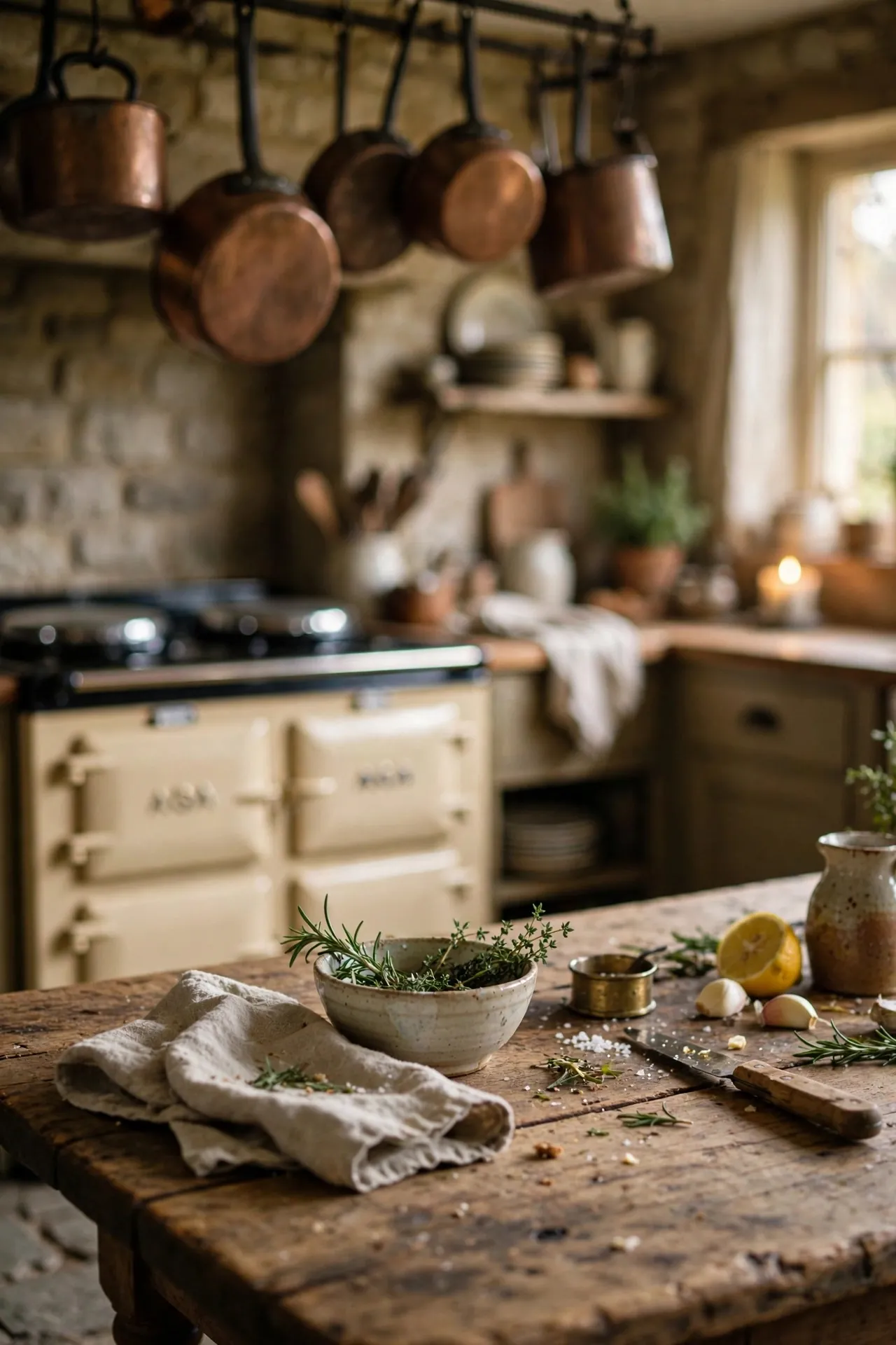 Kitchen with a vintage farm table used as an island