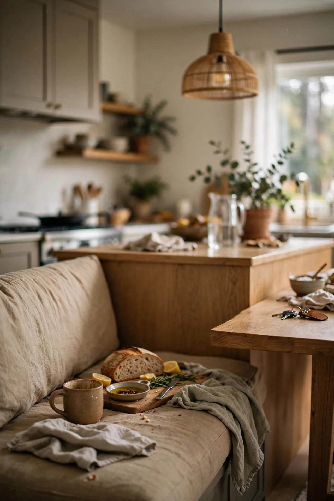Kitchen island with a built-in banquette at the end