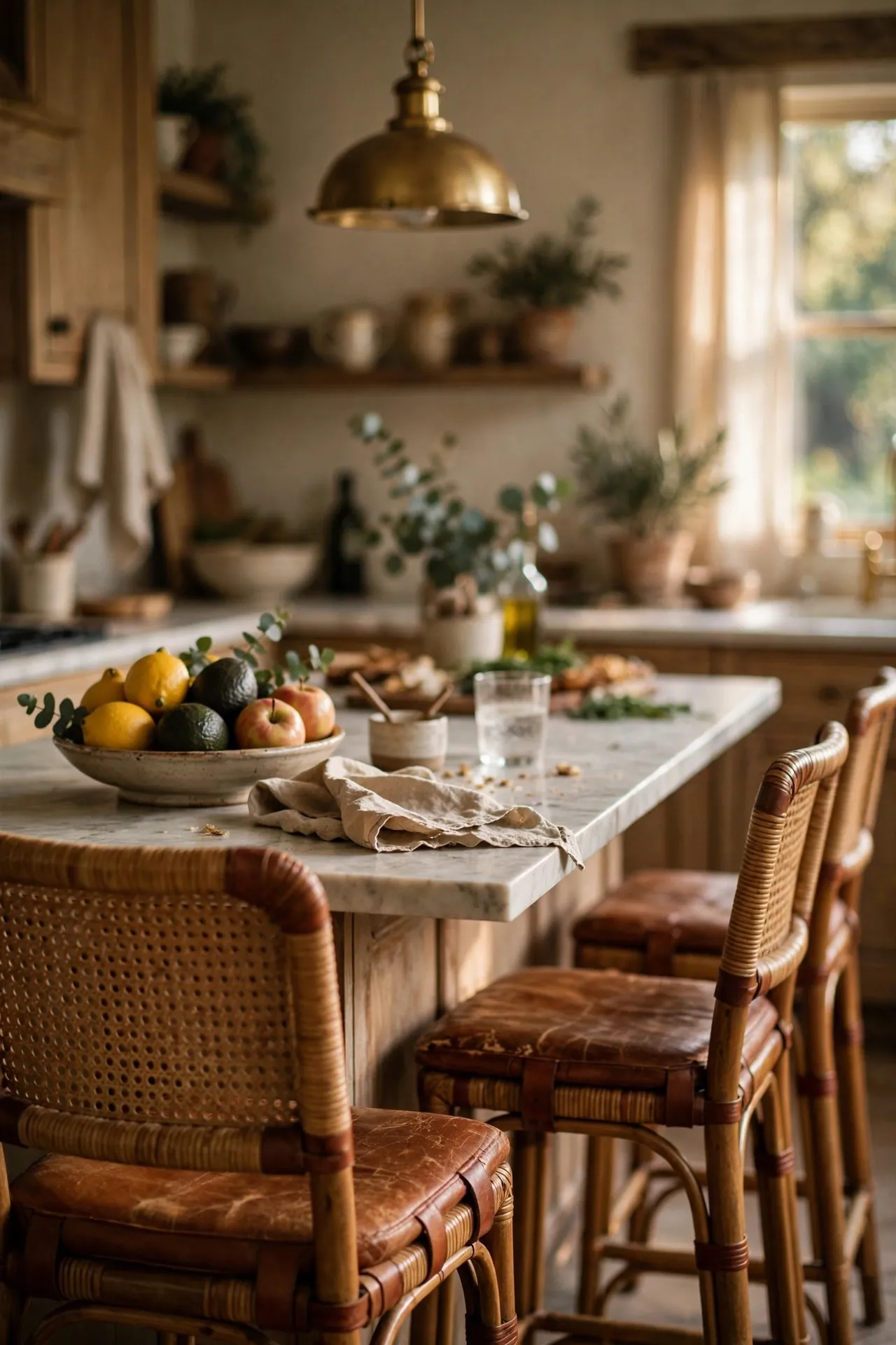 Kitchen island with rattan and leather counter stools