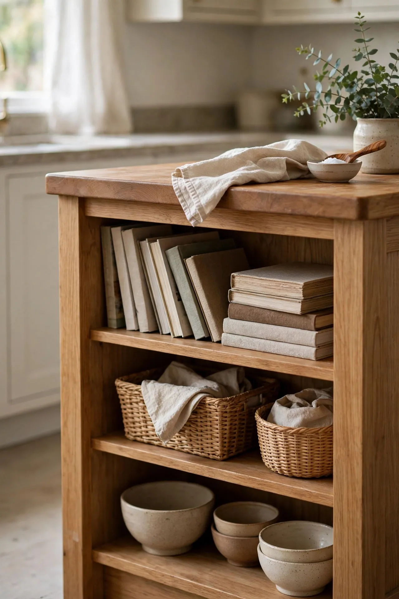 Kitchen island with open shelves for cookbooks and baskets