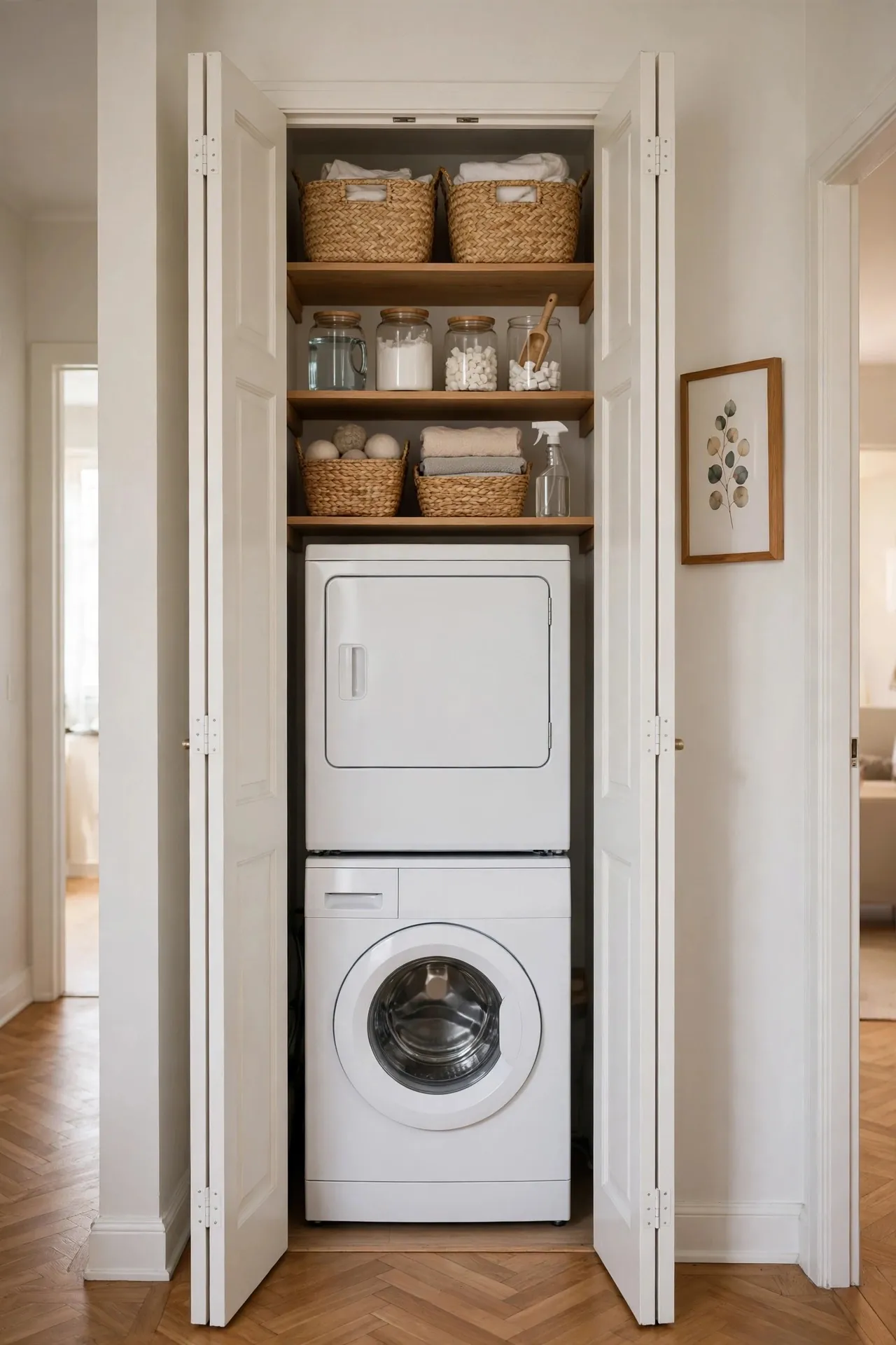 Laundry closet with stacked machines and shelves behind doors