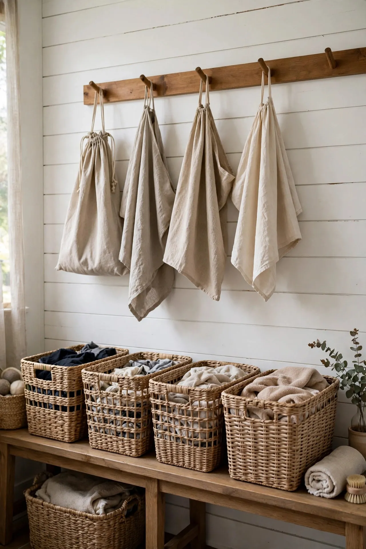 Laundry sorting baskets labeled on a shelf