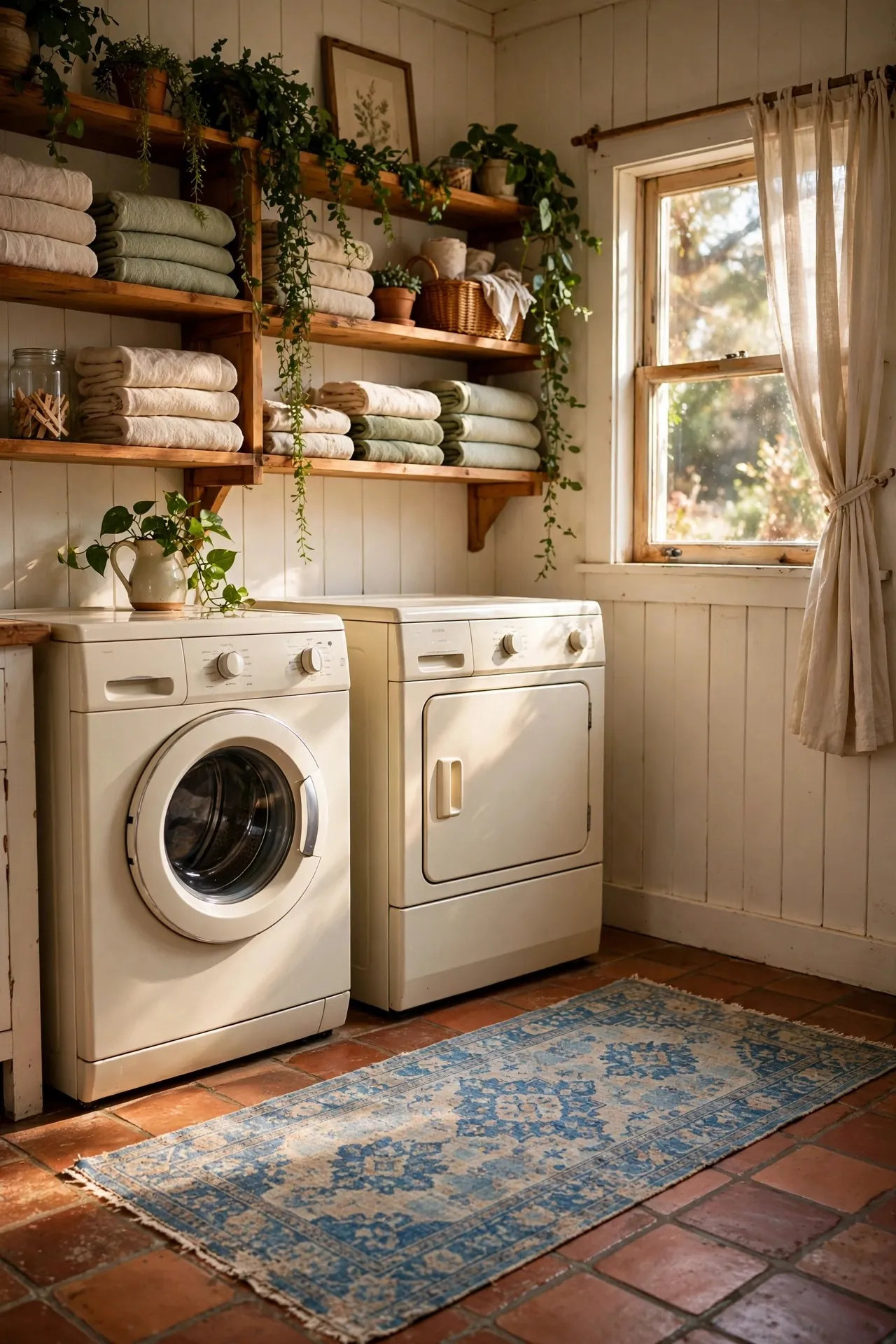 Laundry room with a vintage runner rug and plants