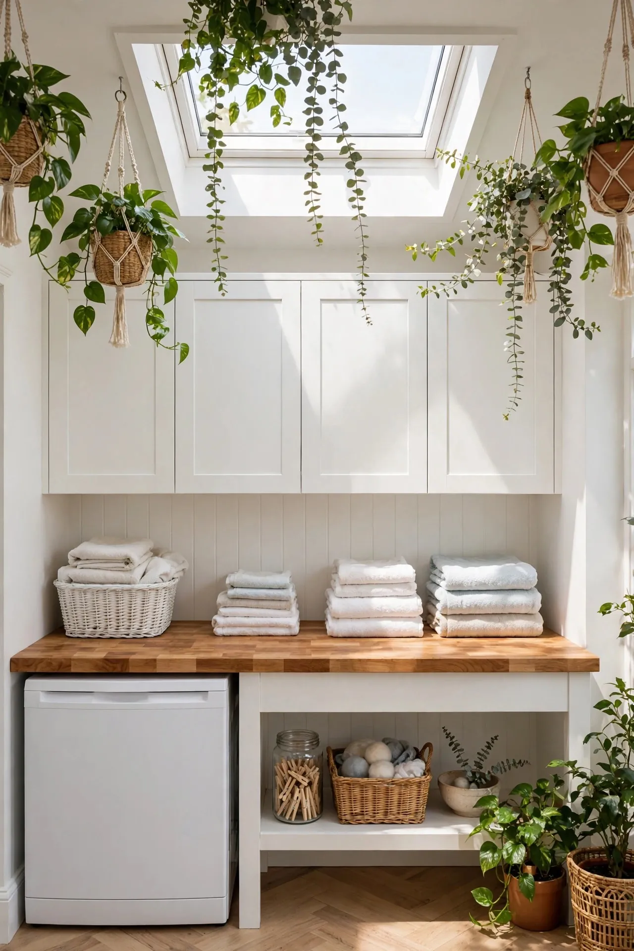Bright laundry room lit by a skylight