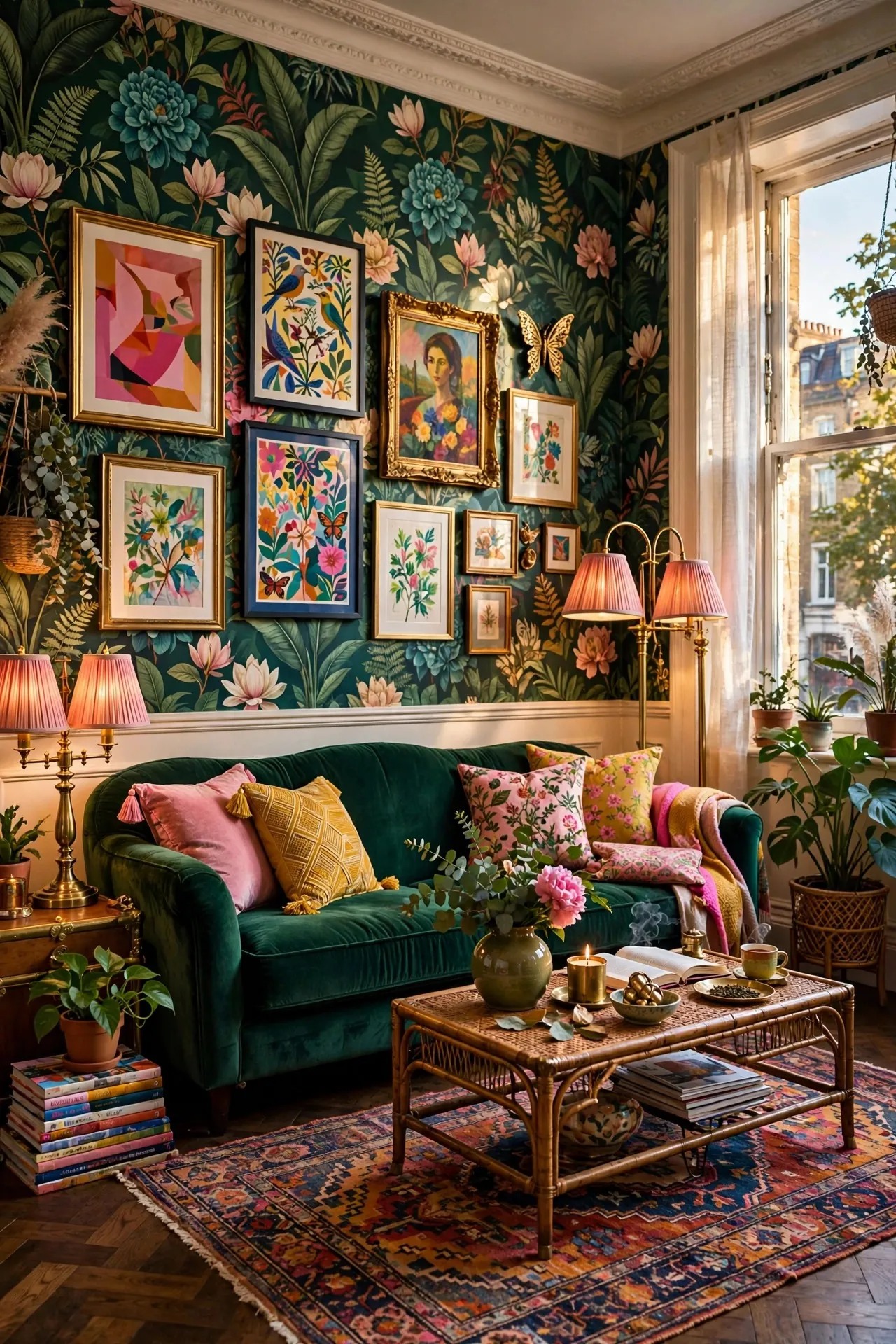 Maximalist living room with patterned wallpaper and jewel tone velvet