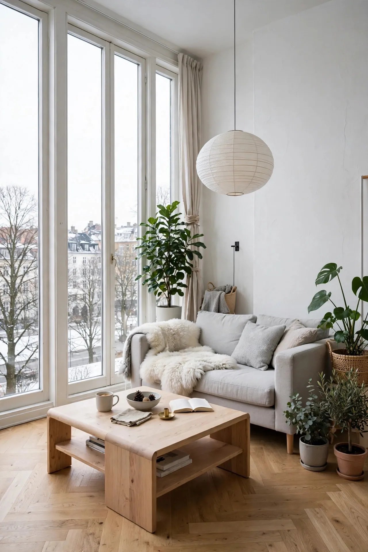 Scandinavian living room with white walls, grey sofa and wood