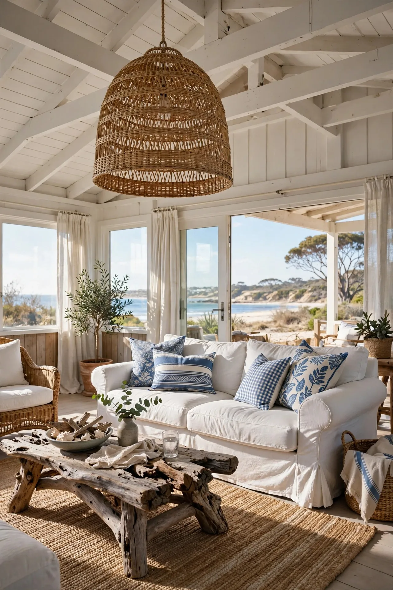 Living room with a large rattan pendant over a coffee table
