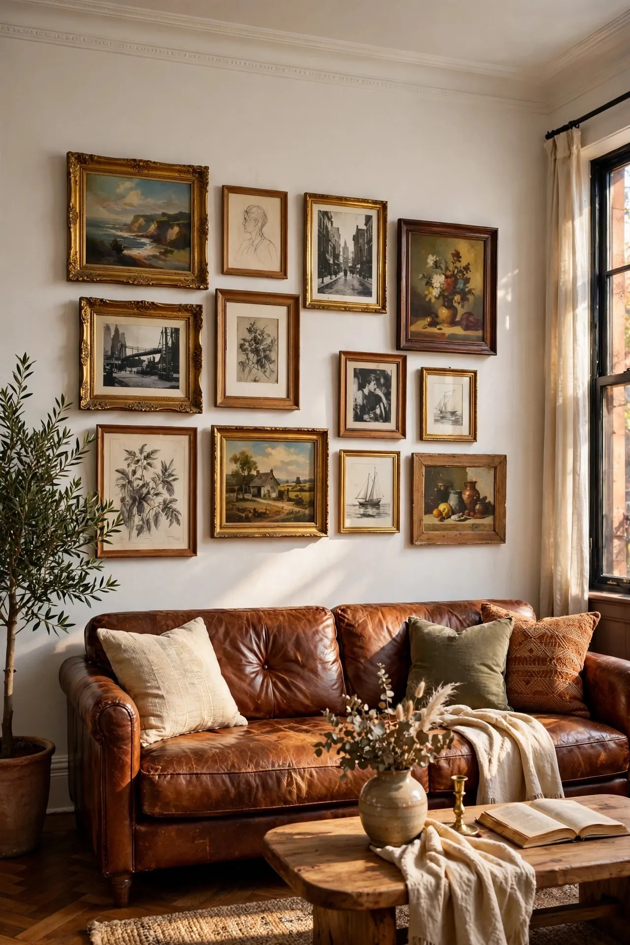 Living room gallery wall with mixed frames above a sofa