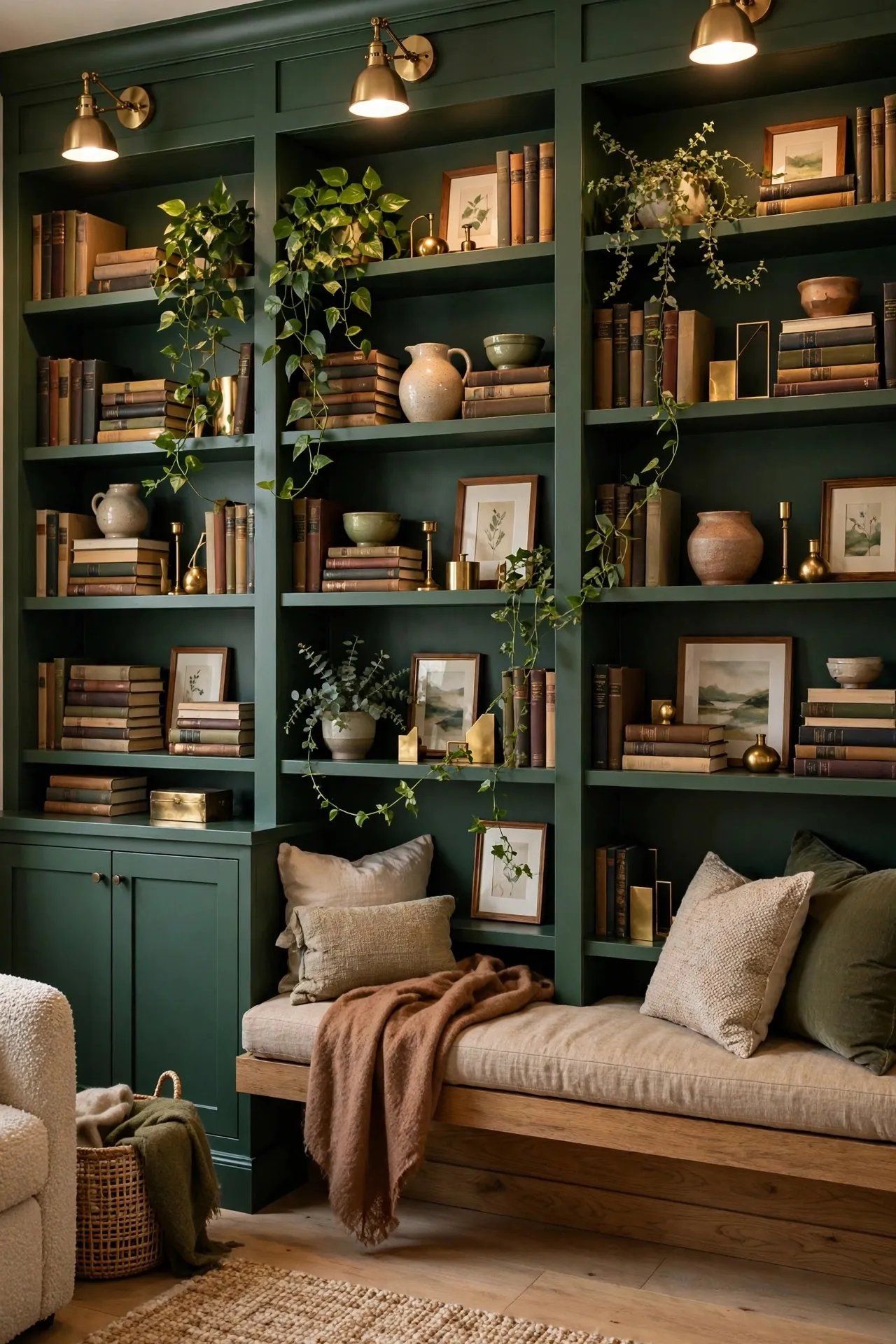 Living room built-in shelves styled with books, ceramics and art