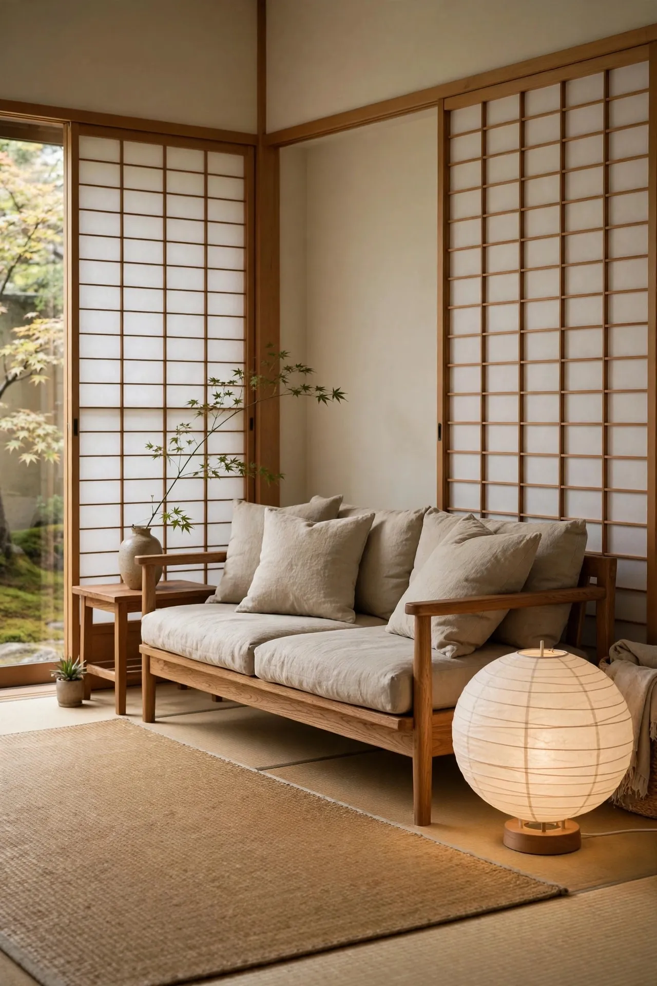 Japandi living room with low oak furniture and paper lamp