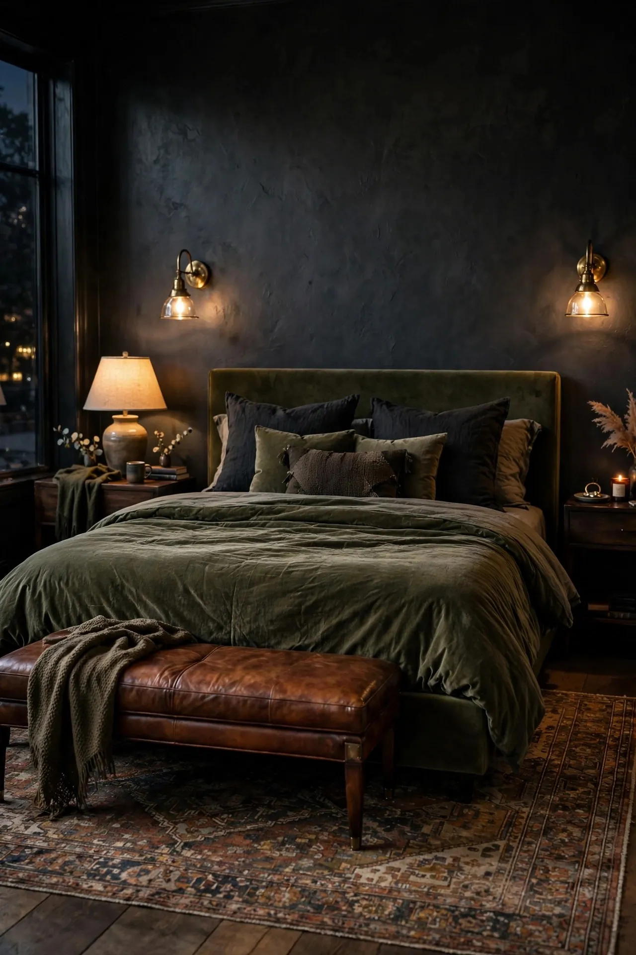 Moody master bedroom with charcoal walls and velvet bed
