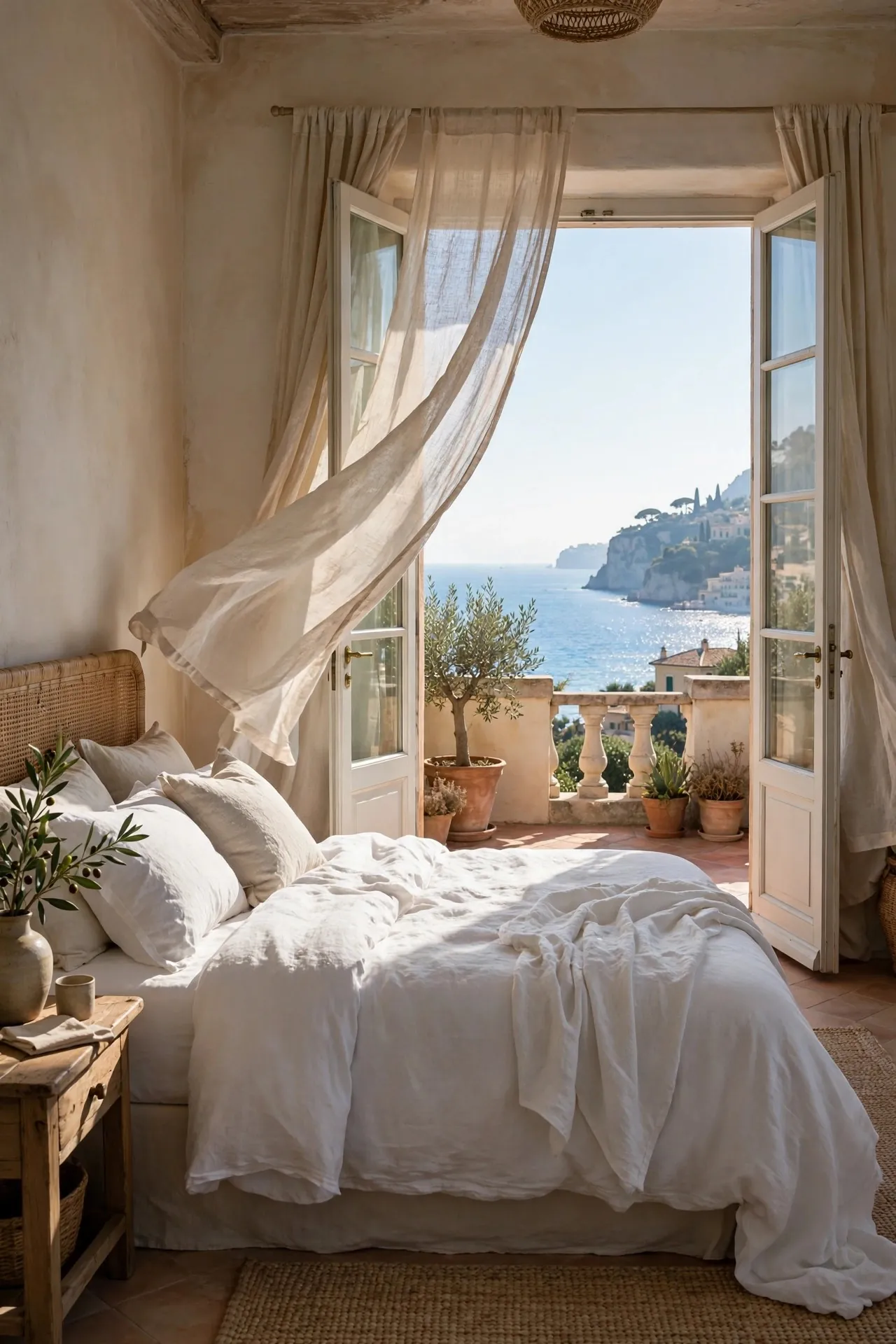 Master bedroom opening onto a balcony with a sea view