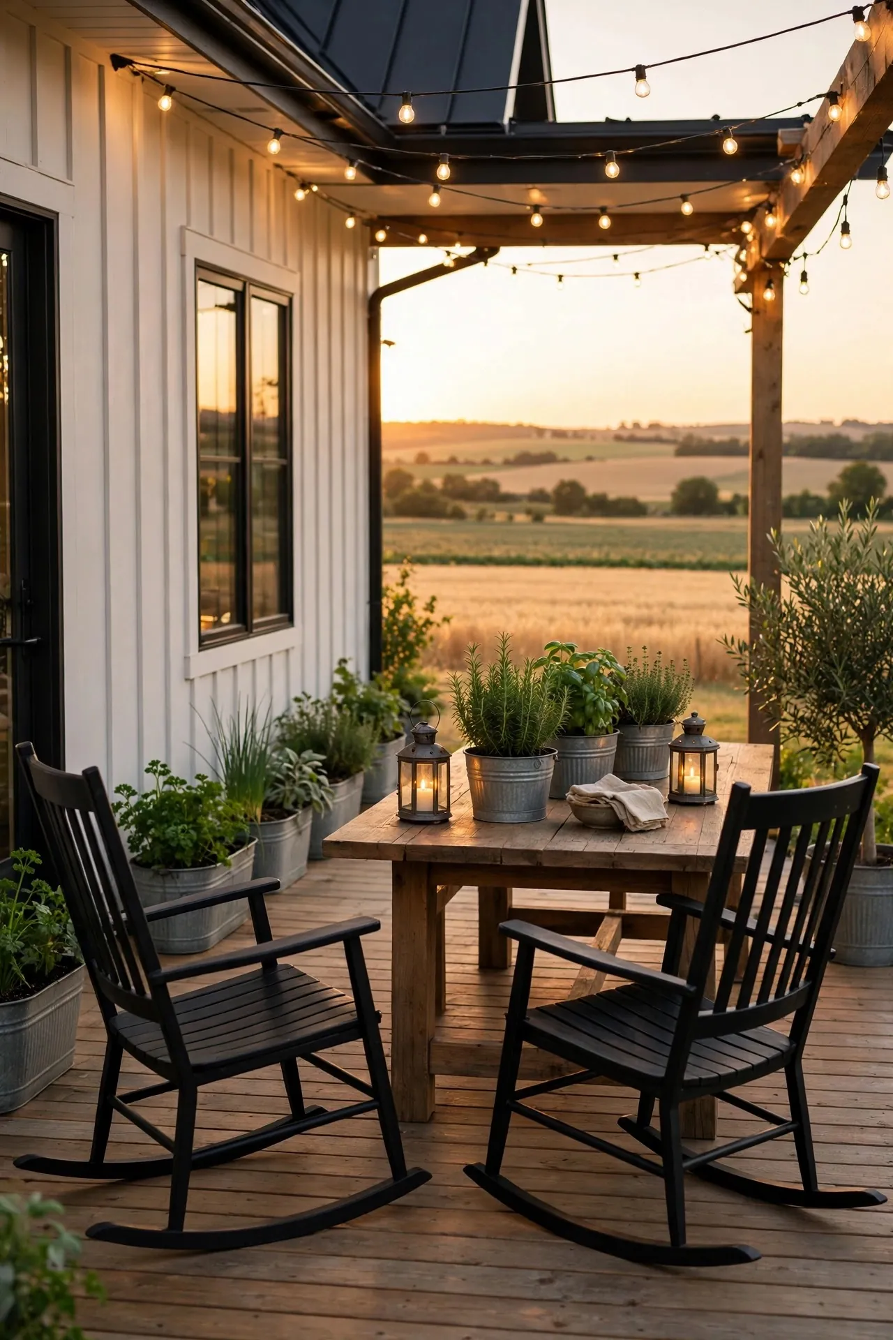 Modern farmhouse back patio with rocking chairs and lanterns
