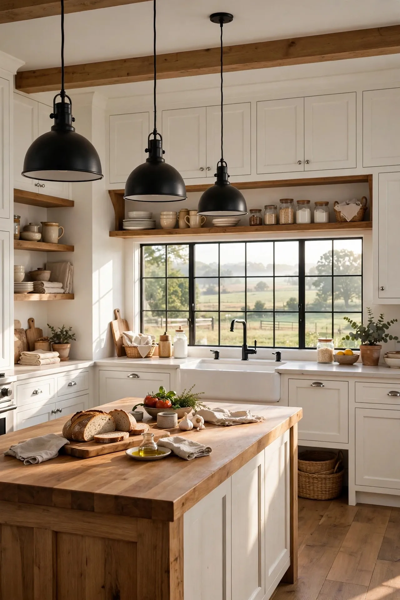 Modern farmhouse kitchen with apron sink and black pendants