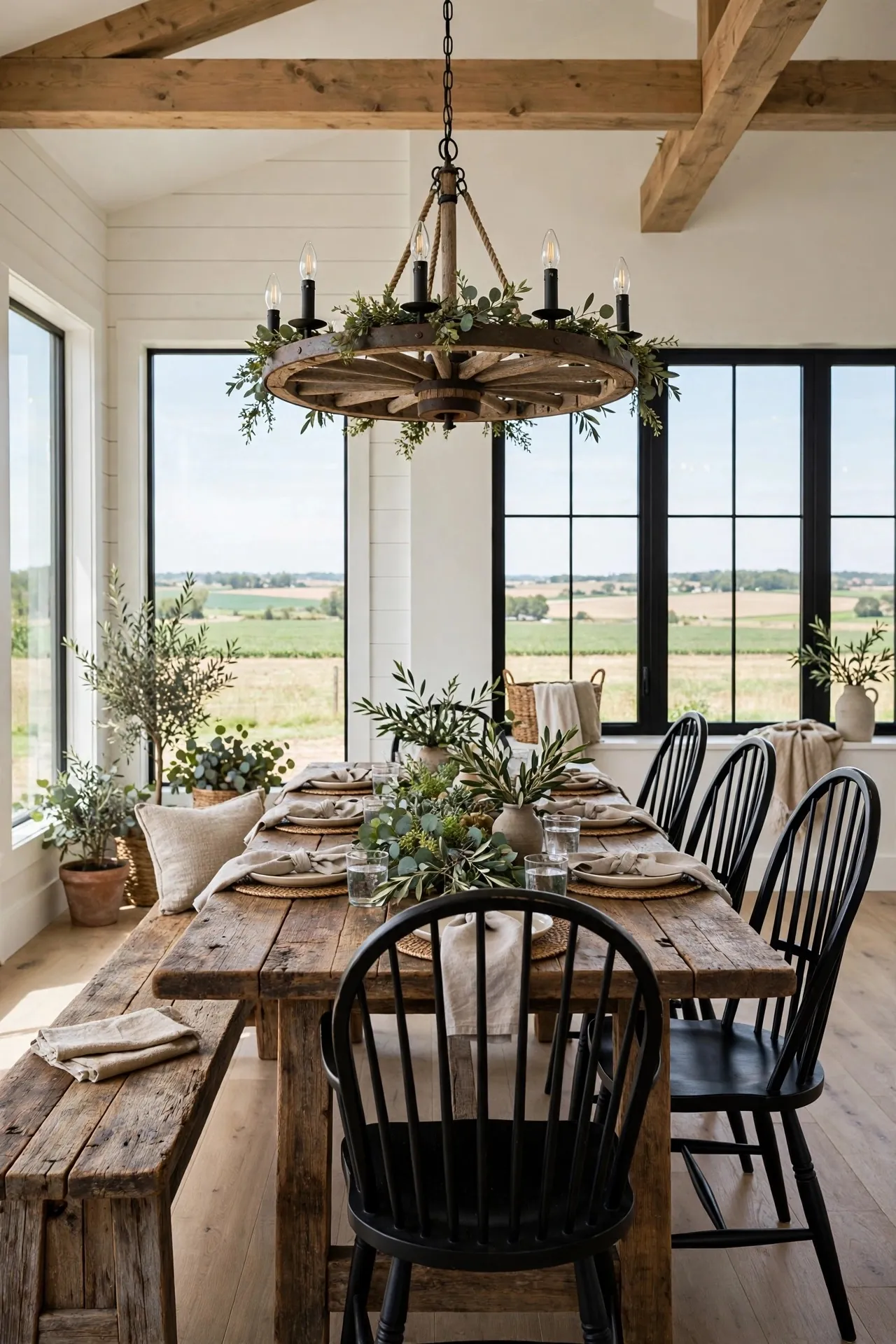 Farmhouse dining room with a long wood table and bench