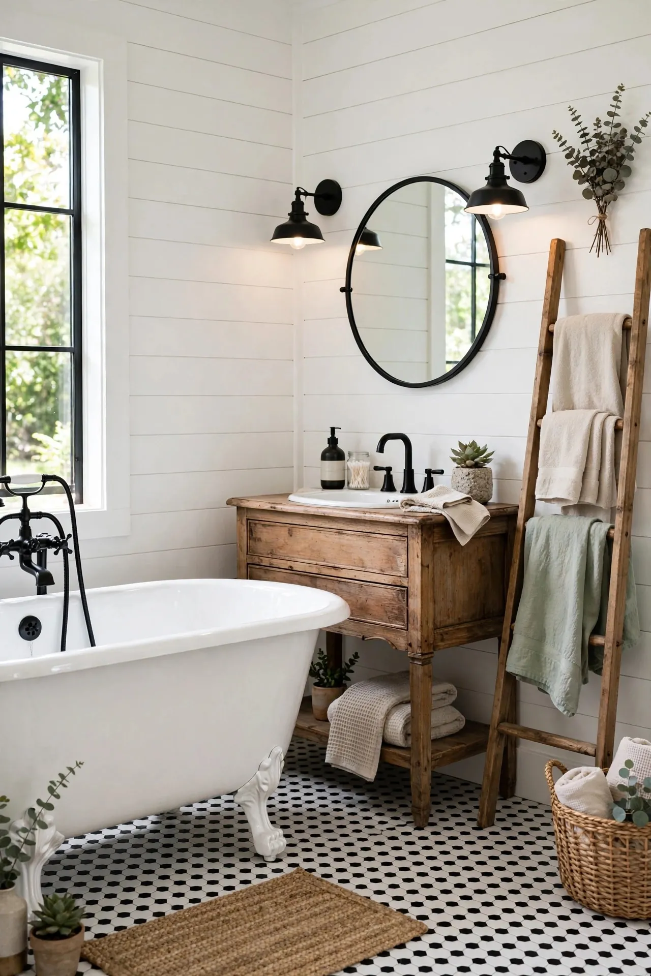 Modern farmhouse bathroom with a clawfoot tub and shiplap