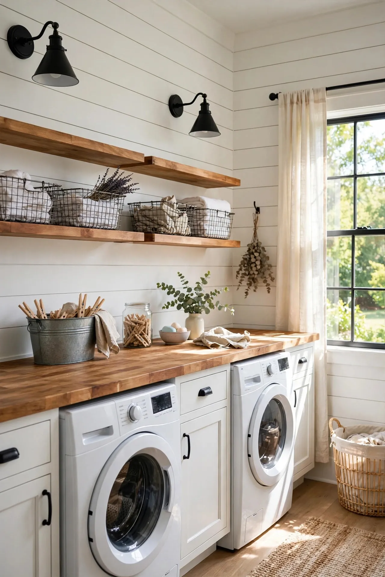 Modern farmhouse laundry room with shiplap and baskets