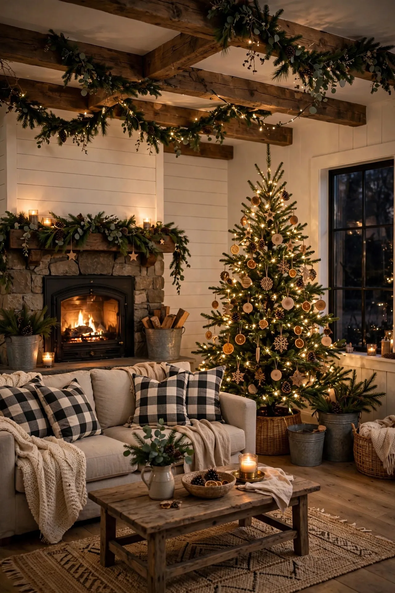 Modern farmhouse living room decorated for Christmas