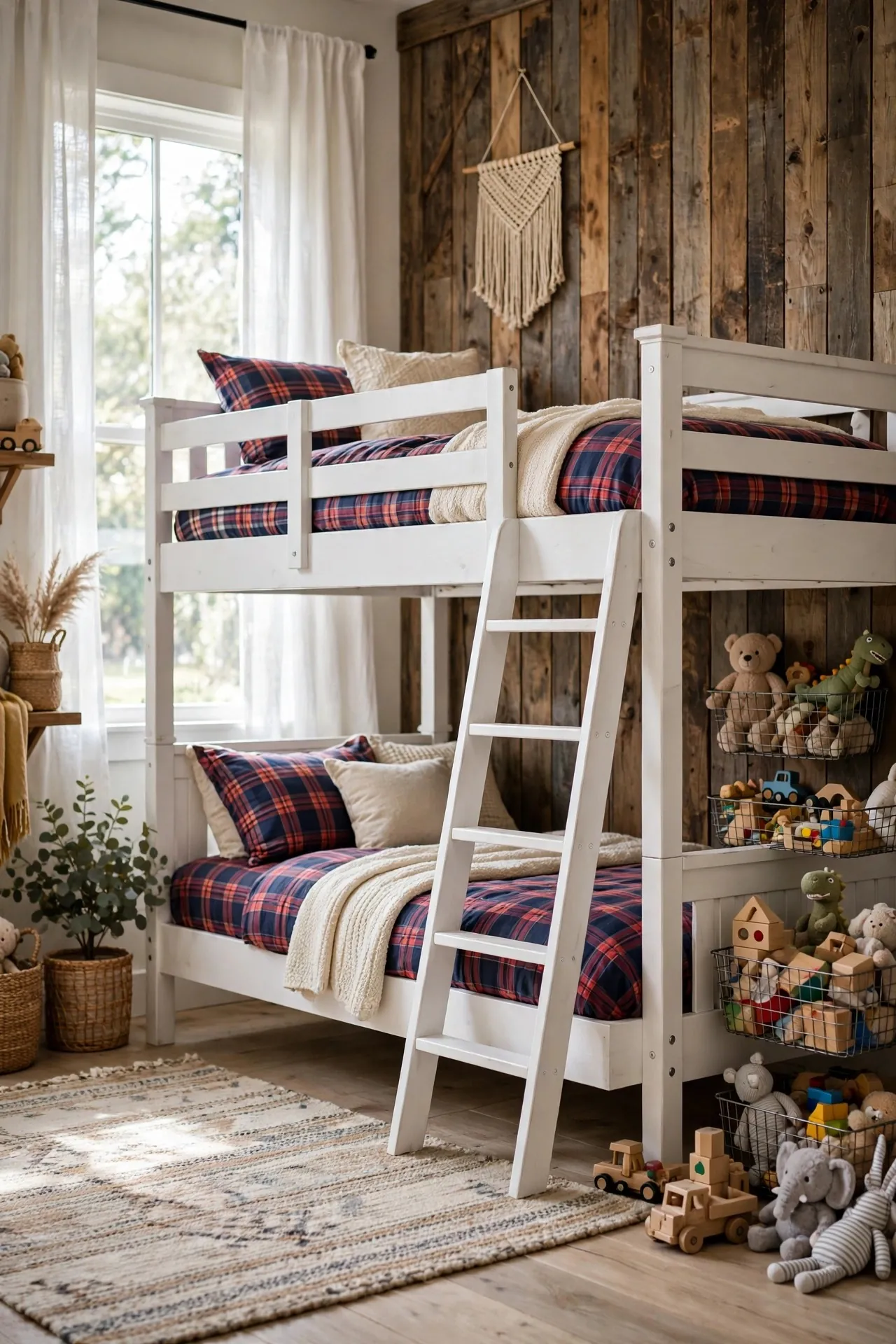 Modern farmhouse kids bedroom with bunk beds