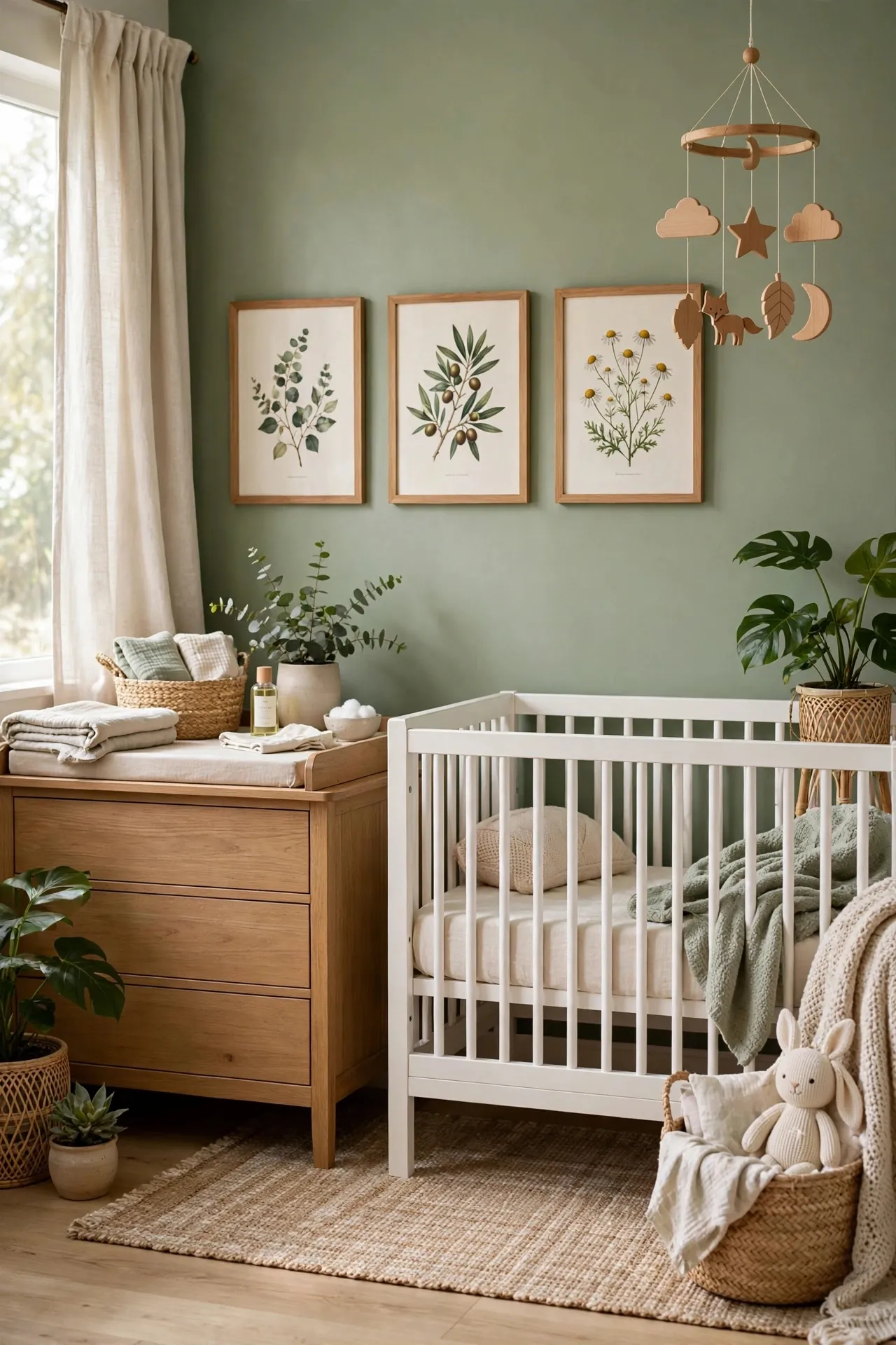 Sage green nursery with botanical prints and a white crib