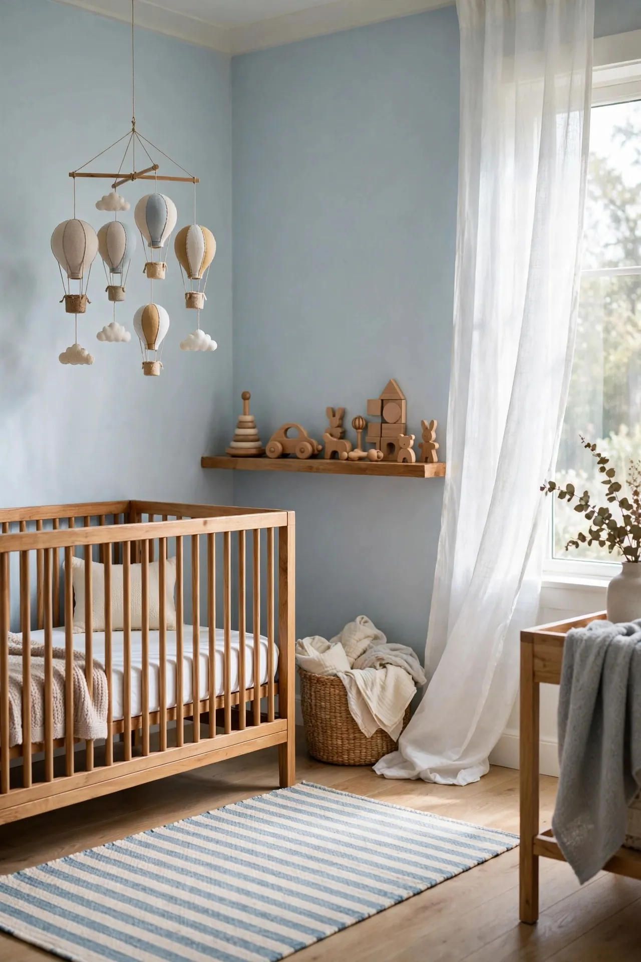 Soft blue baby boy nursery with wooden accents