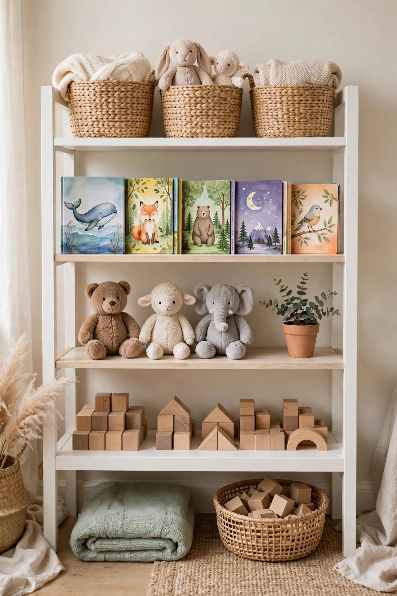 Nursery shelves with baskets, books and soft toys