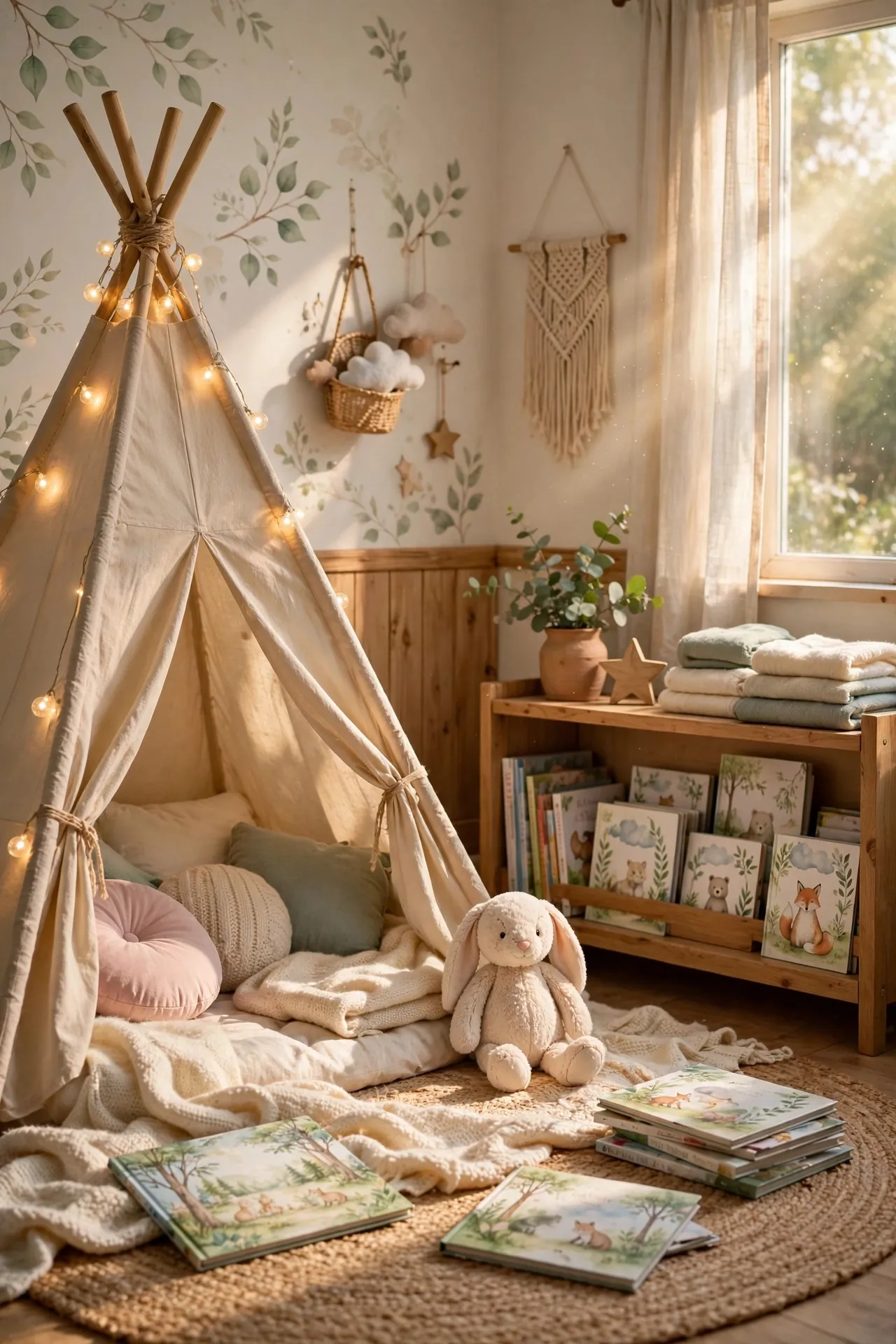 Nursery reading corner with a floor cushion and books