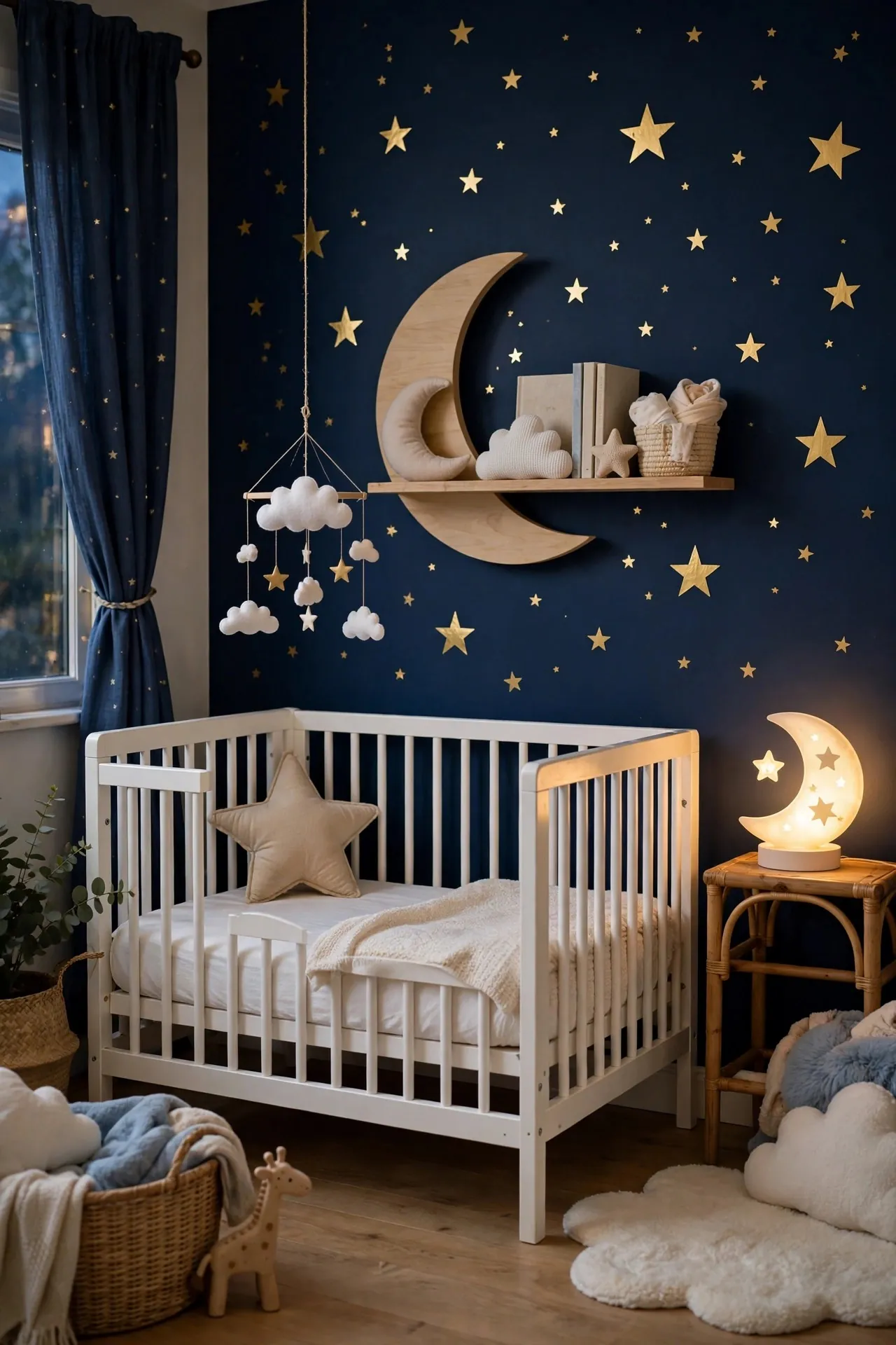 Moon and stars themed nursery with navy and gold