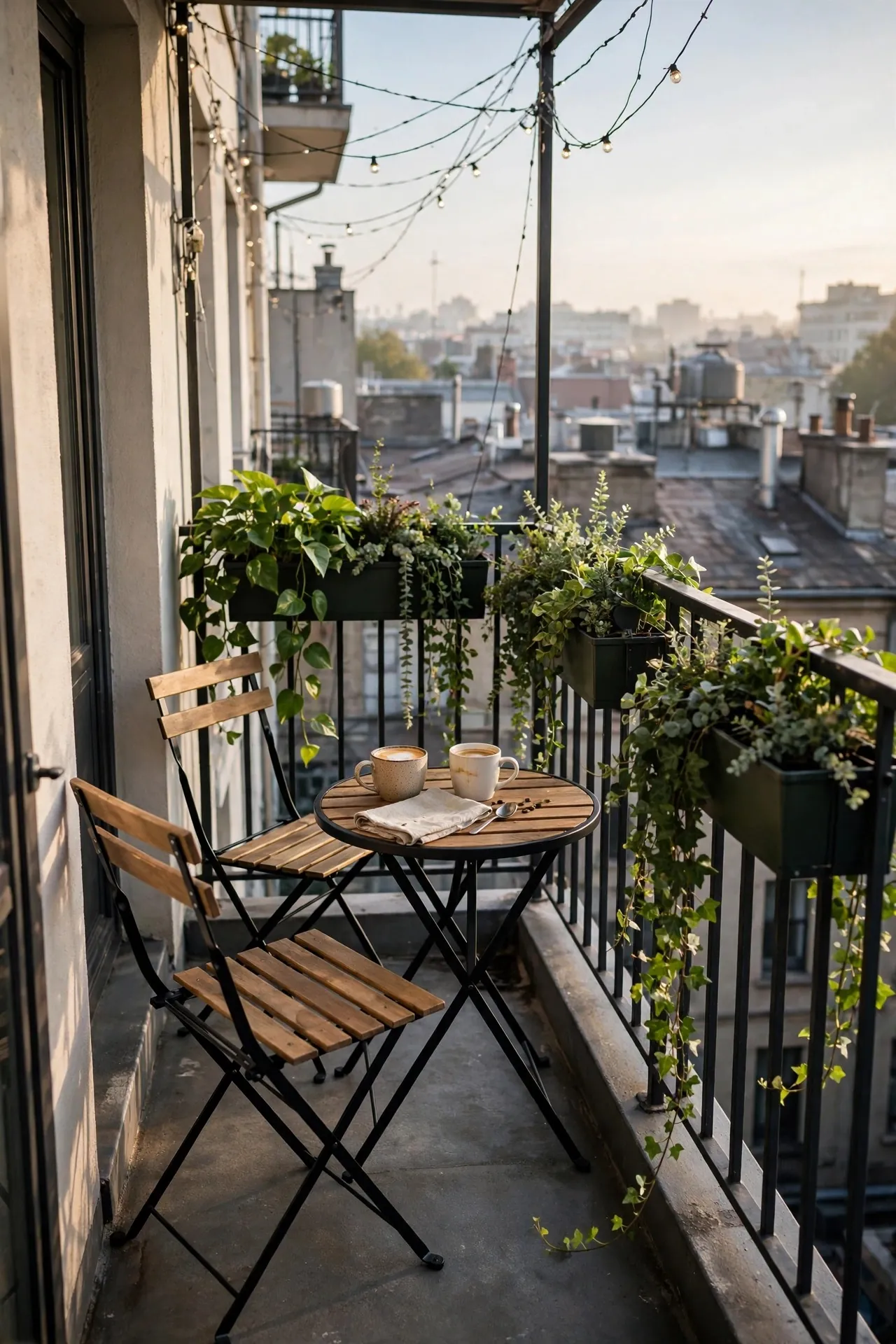Tiny balcony with bistro chairs, plants and lights