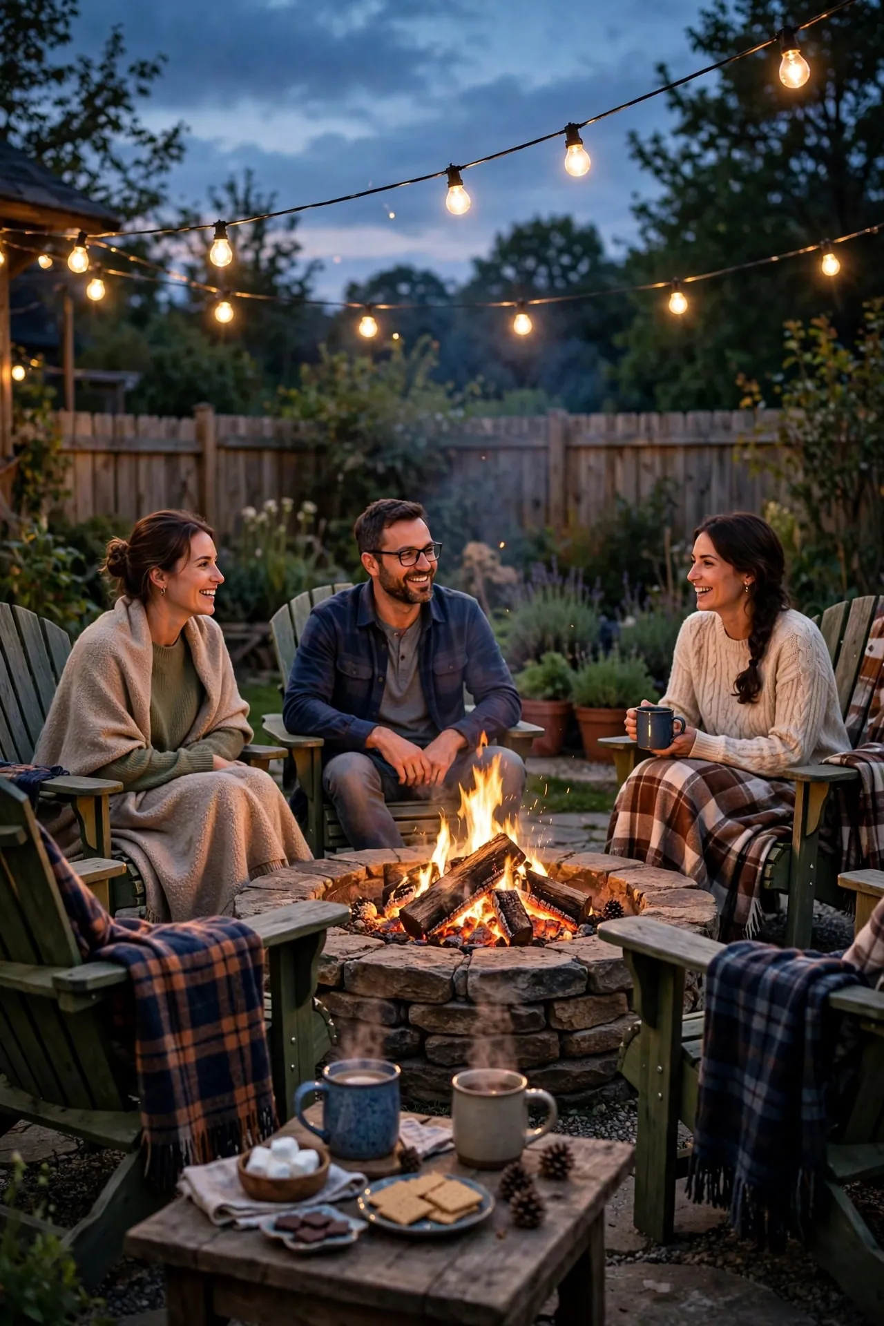 Patio fire pit with Adirondack chairs and blankets