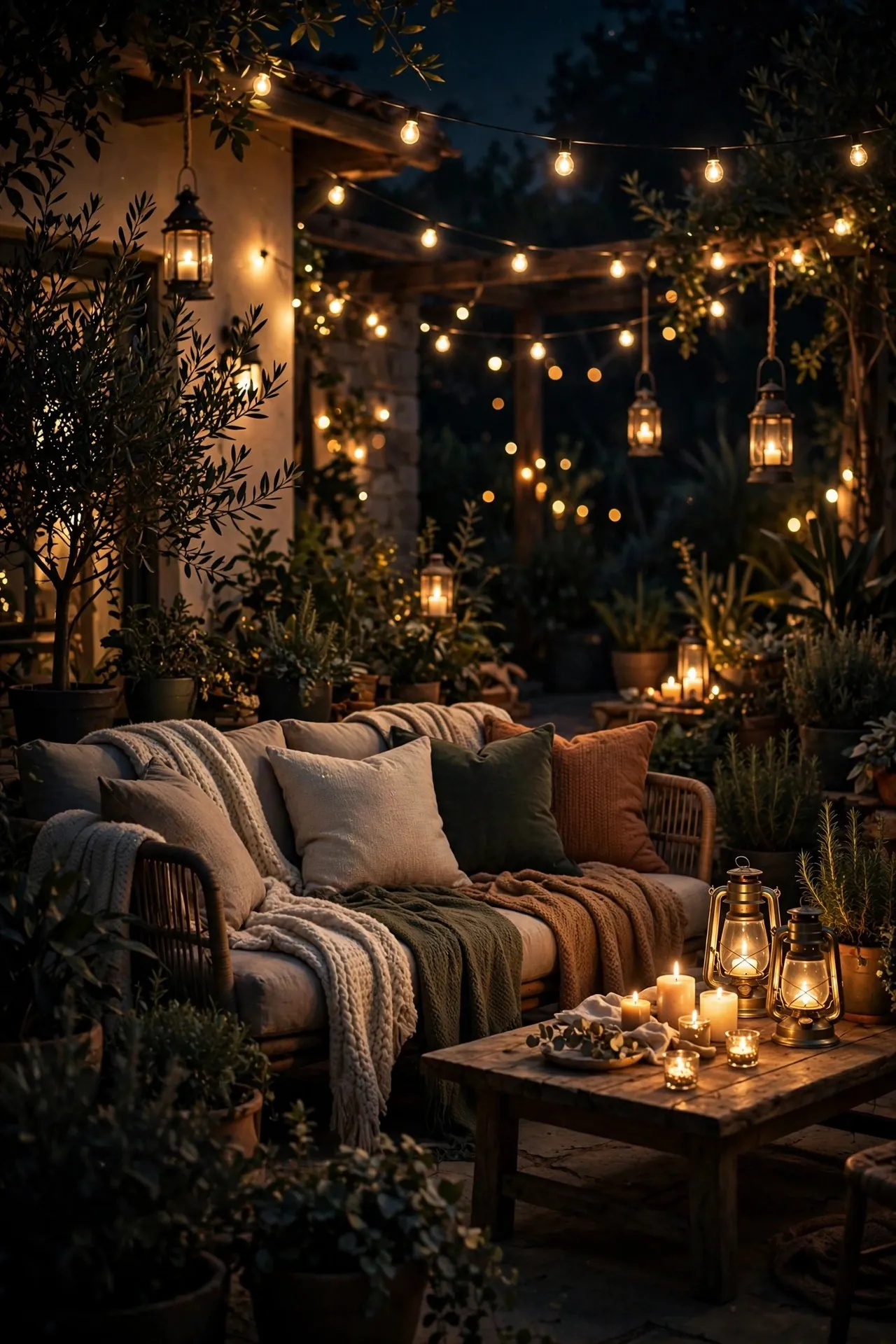 Patio at night lit by lanterns and candles