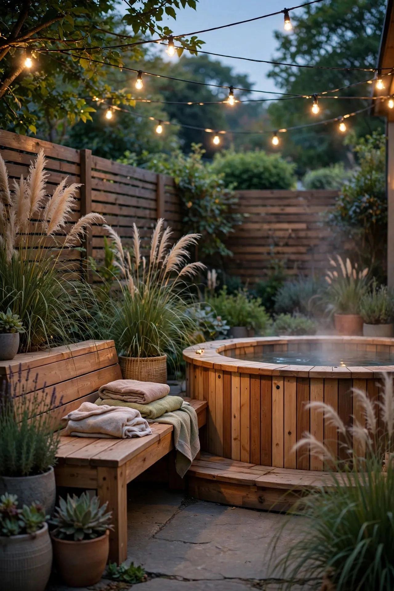 Patio with a hot tub surrounded by plants and lights