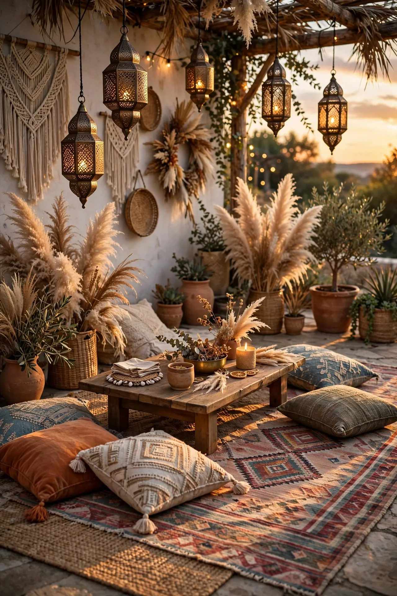 Boho patio with floor cushions, rugs and lanterns