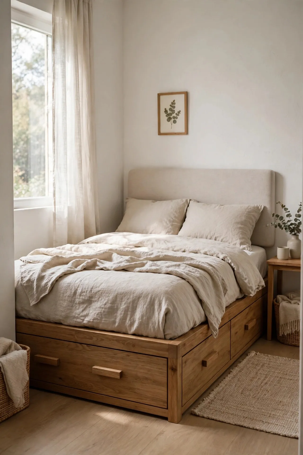 Small bedroom with a storage bed with drawers