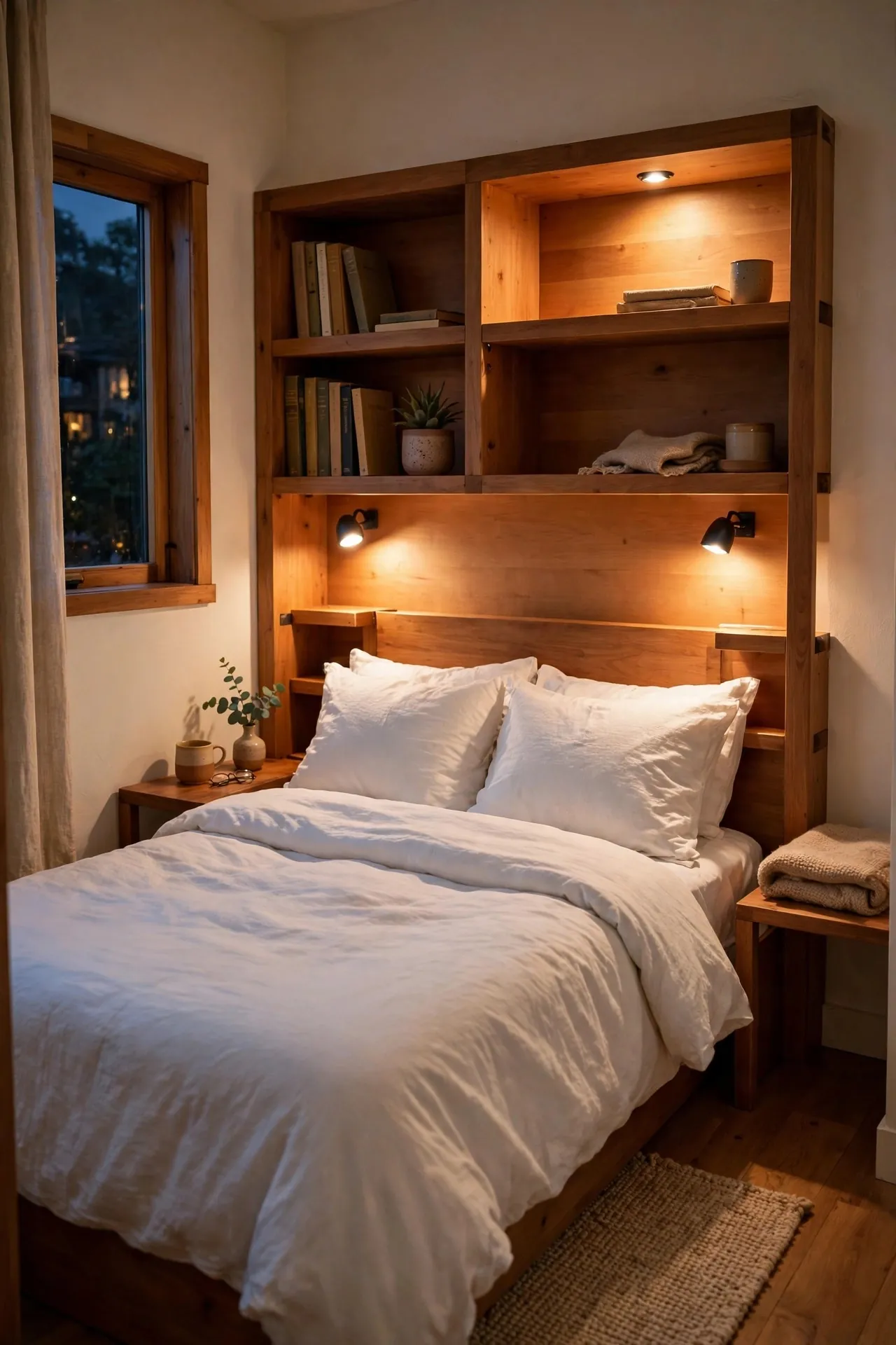 Small bedroom with a storage headboard and shelves