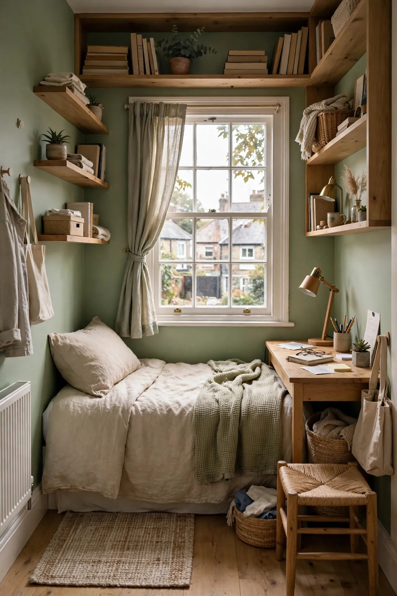 Tiny box room bedroom with a single bed and shelves