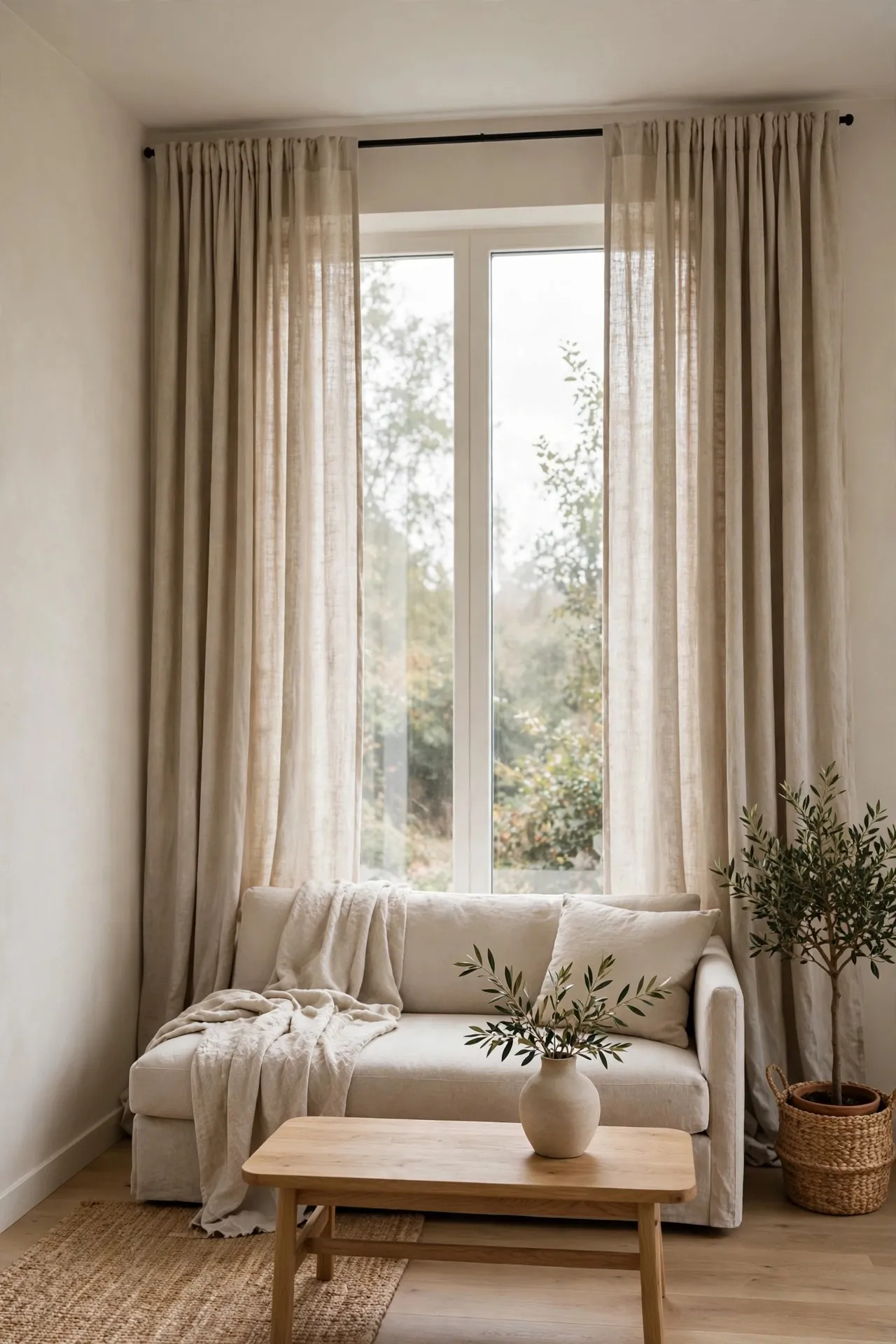 Small living room with ceiling-height linen curtains