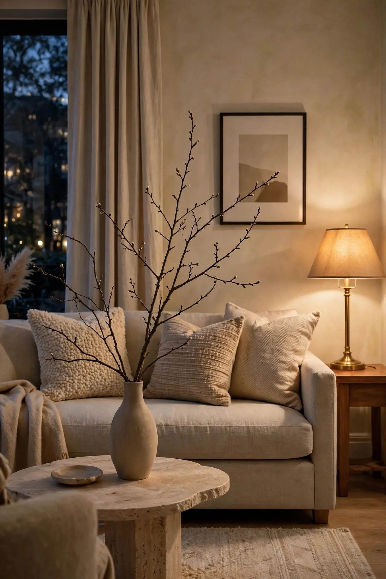 Elegant small living room styled with minimal decor and warm light