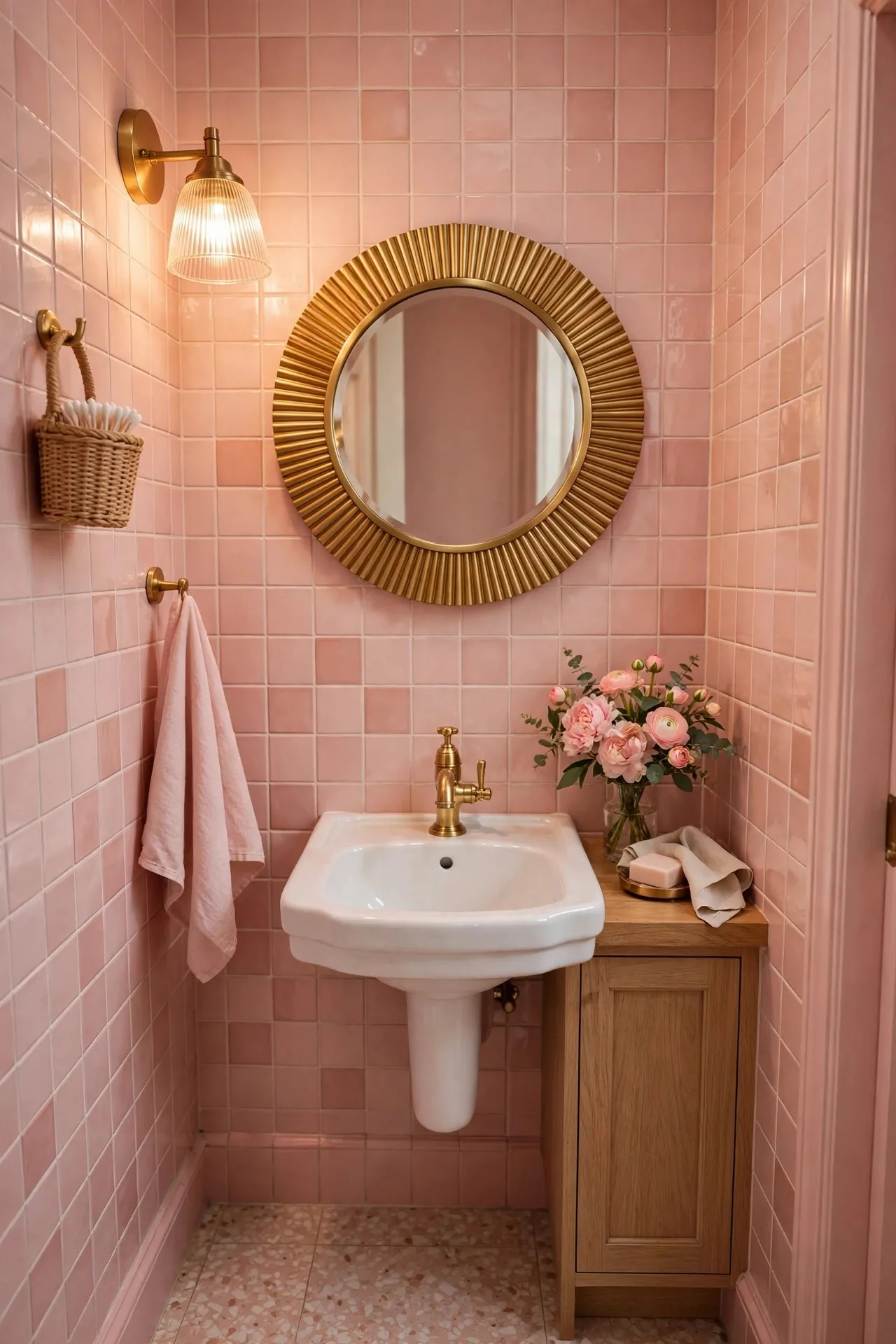 Small pink powder room with brass fixtures