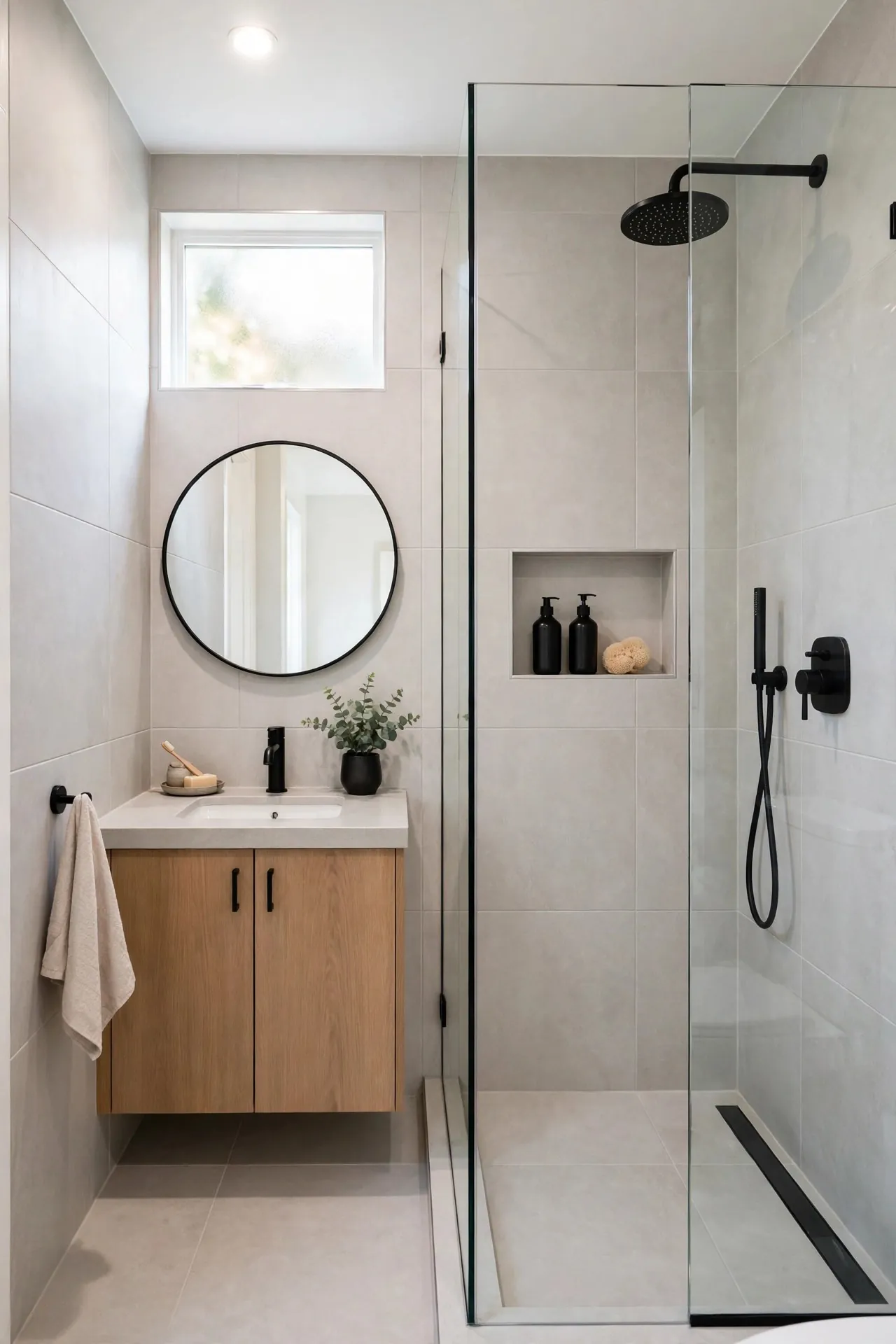 Small bathroom with a frameless glass shower and large tiles