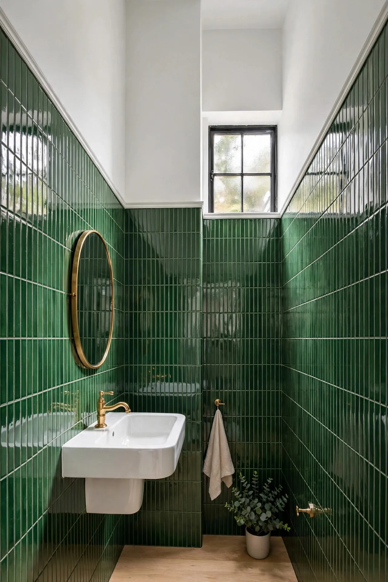 Small washroom with vertical green stacked tiles