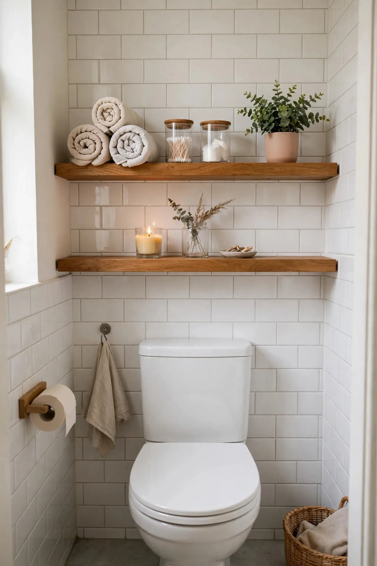 Wooden shelves above a toilet styled with towels and plants