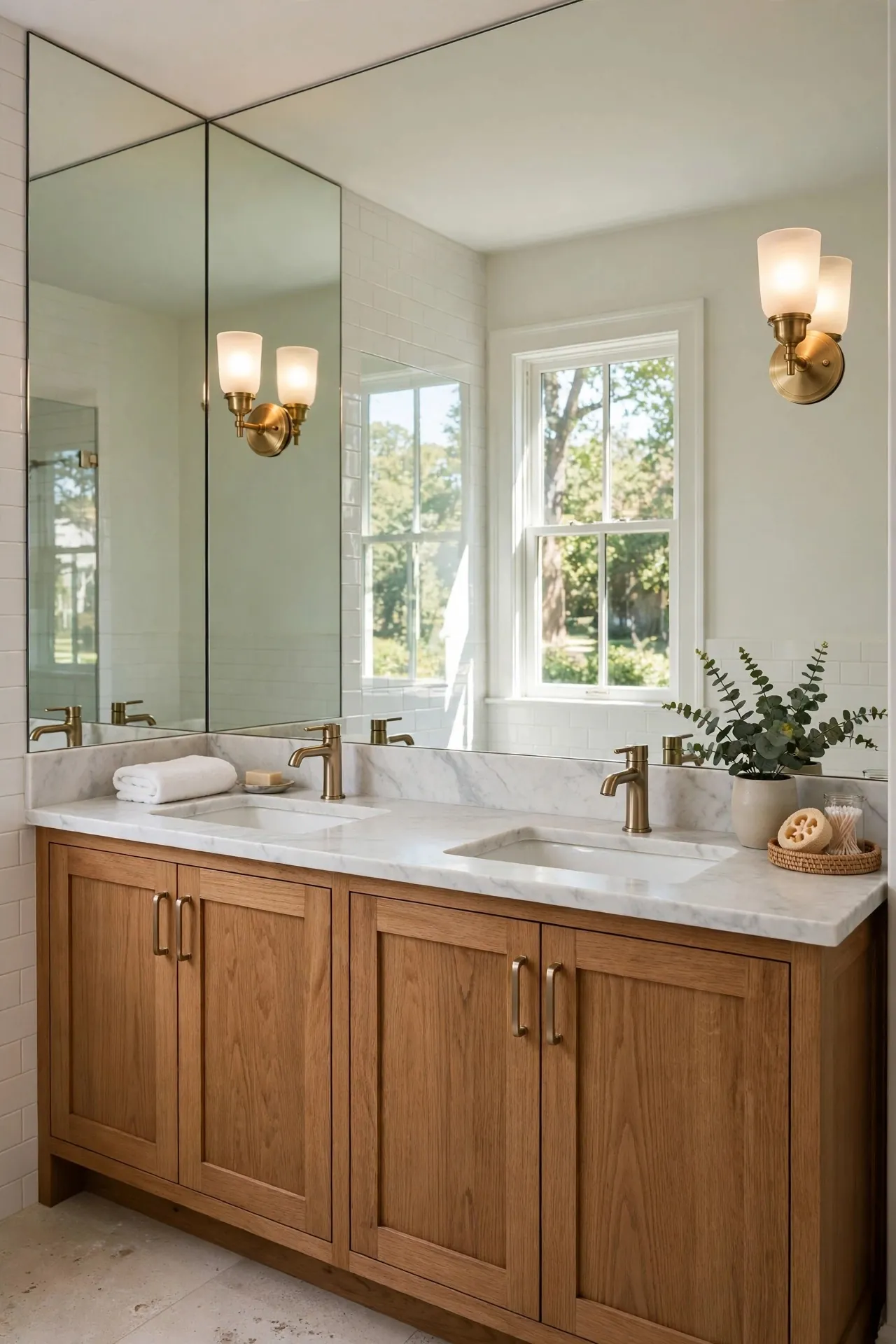 Small bathroom with a wall-to-wall mirror and sconces
