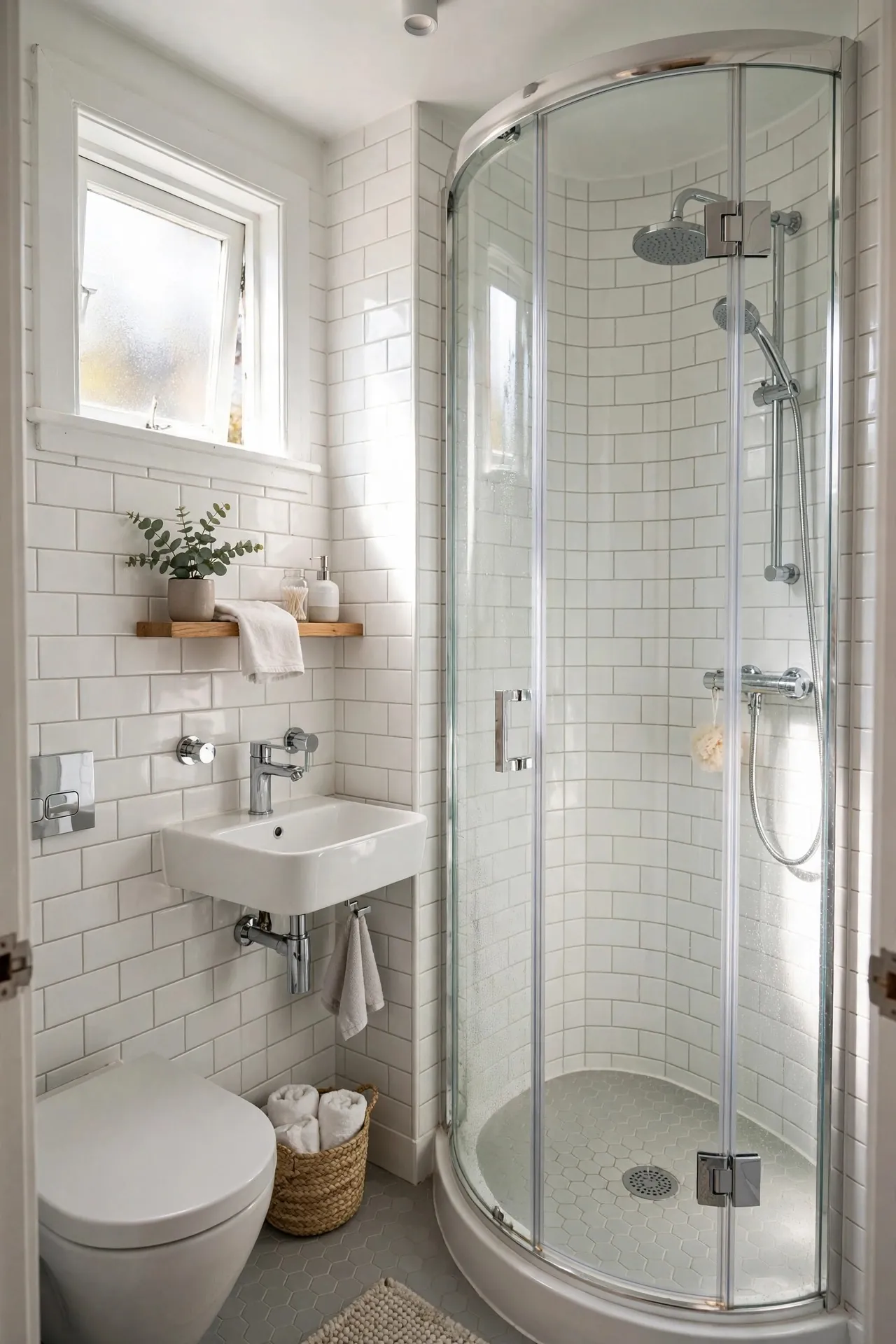 Tiny bathroom with a quadrant corner shower
