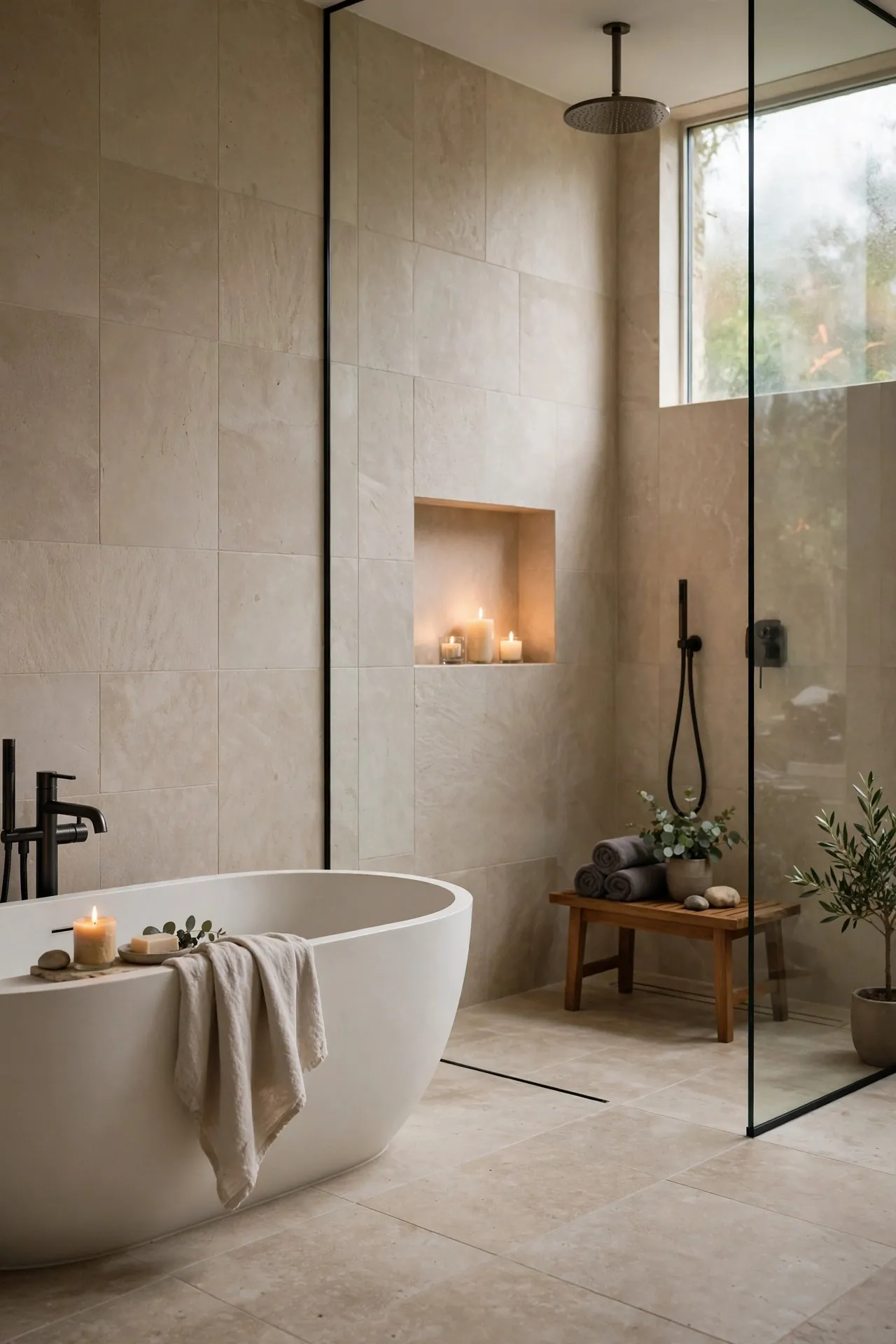 Modern wet room with stone tiles and a freestanding tub