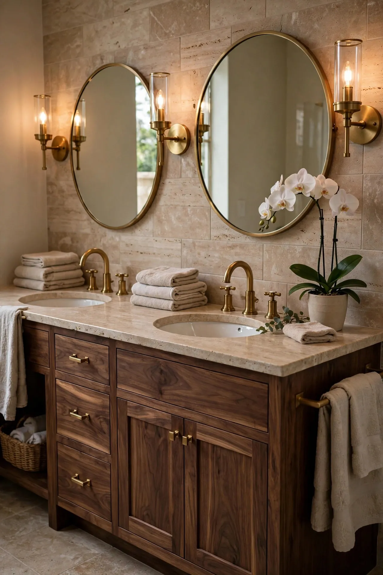 Double vanity with two mirrors and wall sconces in a spa bathroom