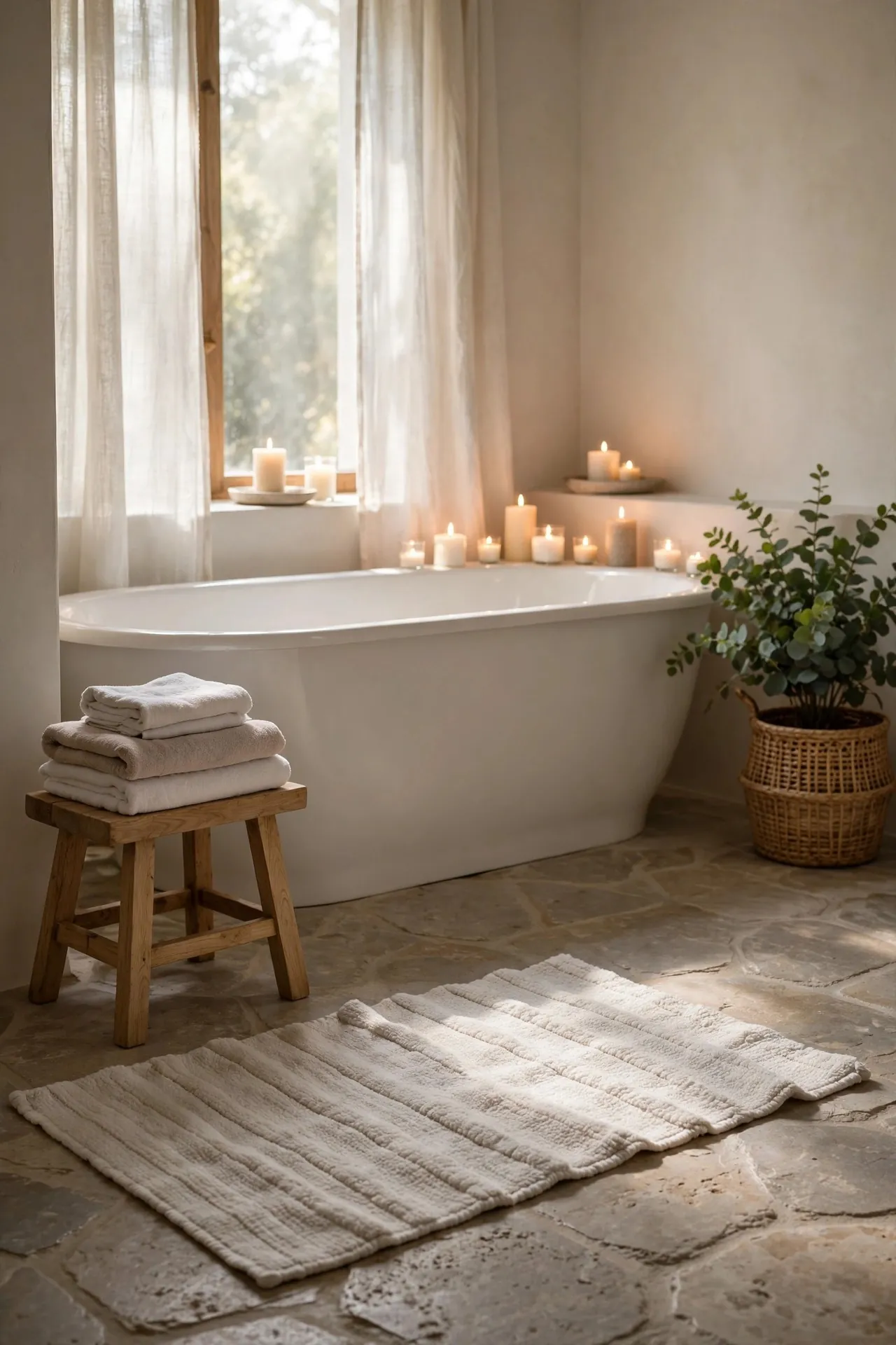Spa bathroom with a soft bath rug and wooden stool