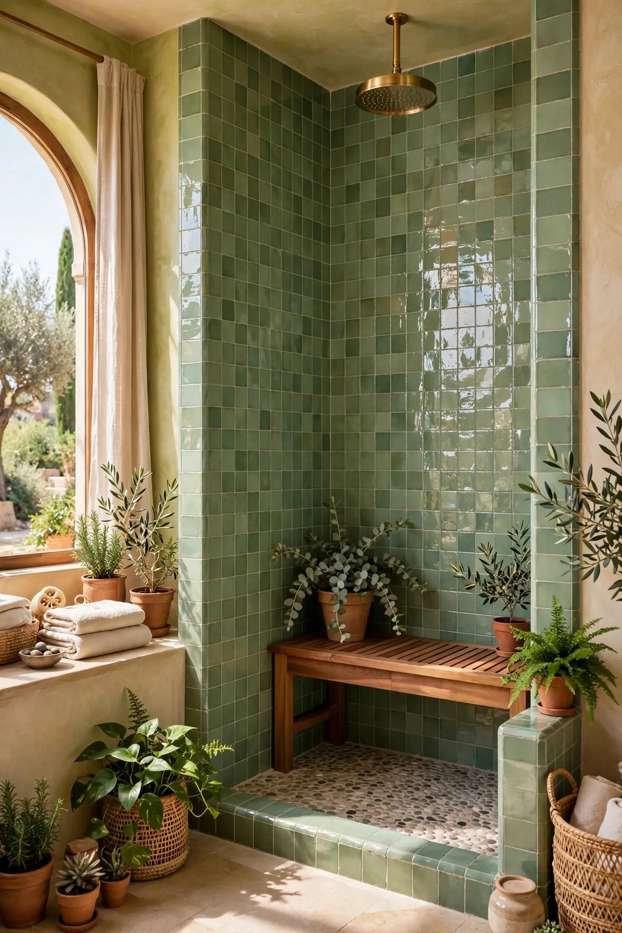 Teak shower bench in a walk-in shower with green zellige tiles