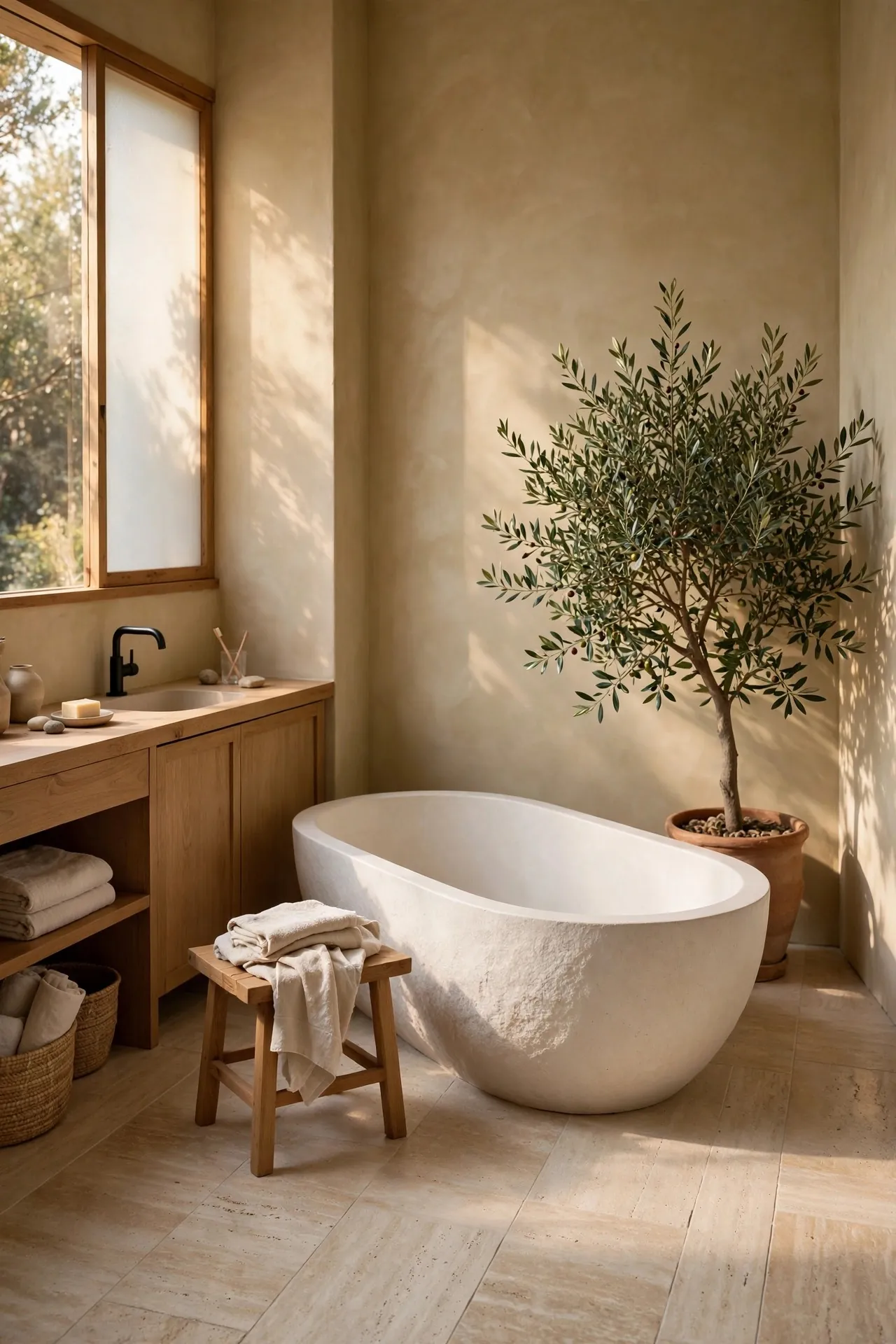 Earthy spa bathroom with limewash walls and a freestanding tub