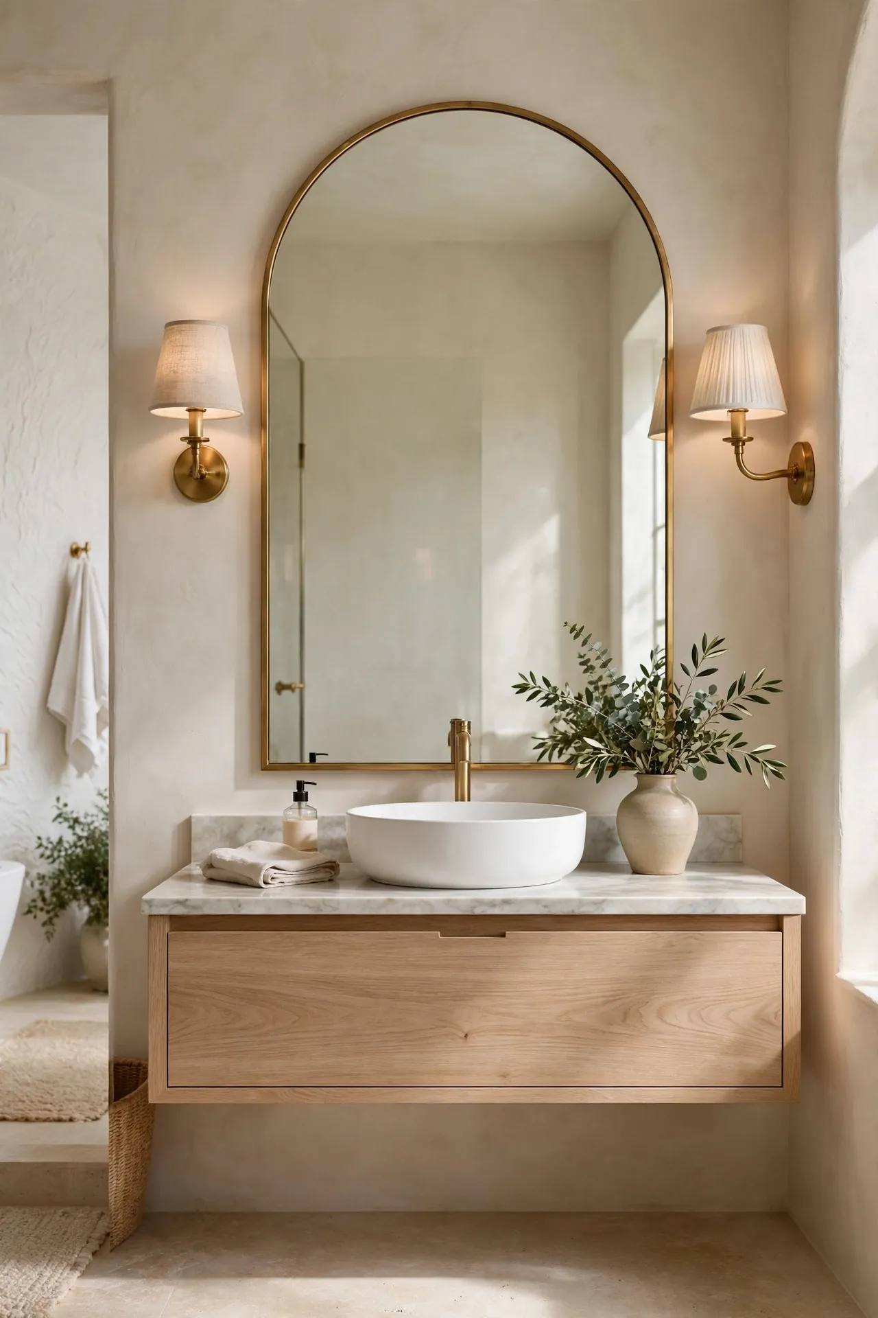 Bathroom vanity with an arched mirror and brass wall sconces